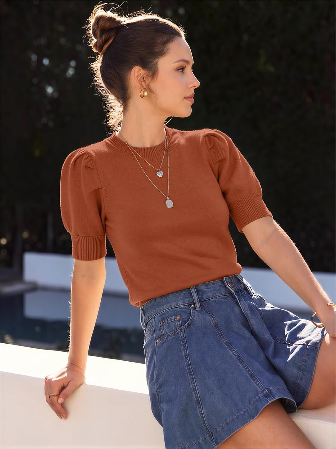image:imageATHMILE Short Sleeve Sweater for Women 2026 Spring Summer Blouses Crewneck Knit Puff Sleeve Dressy Casual Trendy ShirtsAorange