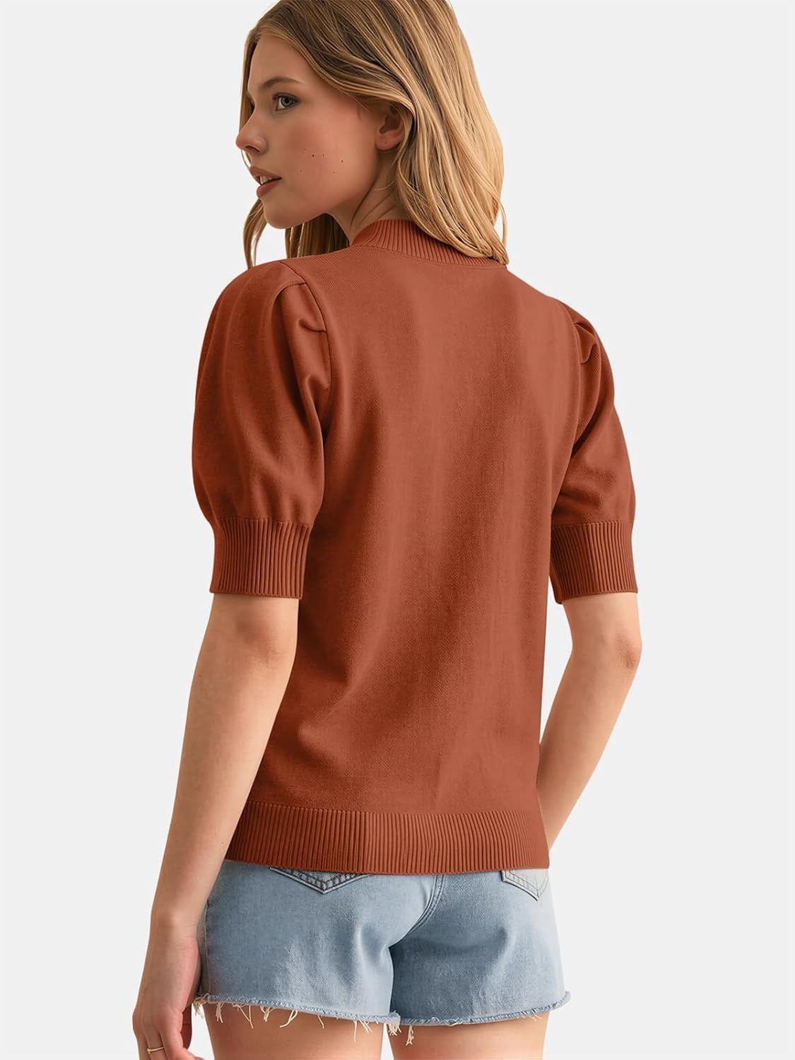 image:imageATHMILE Short Sleeve Sweater for Women 2026 Spring Summer Blouses Crewneck Knit Puff Sleeve Dressy Casual Trendy ShirtsAorange