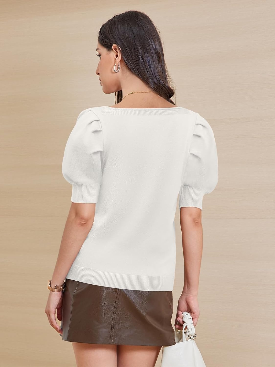 image:imageATHMILE Short Sleeve Sweater for Women 2026 Spring Summer Blouses Crewneck Knit Puff Sleeve Dressy Casual Trendy ShirtsCwhite