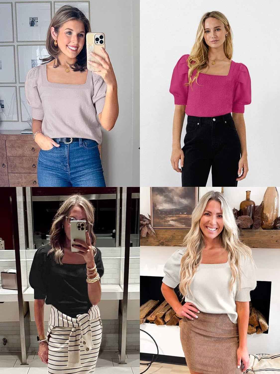 image:imageATHMILE Short Sleeve Sweater for Women 2026 Spring Summer Blouses Crewneck Knit Puff Sleeve Dressy Casual Trendy ShirtsCwhite
