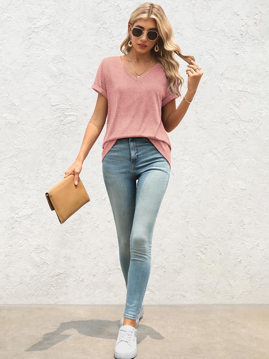 image:imageATHMILE T Womens Short Sleeve TShirts V Neck Summer Tops Basic Tees Lightweight Breathable Casual Sorf Spring Summer Workout Outfits ClothesLightpink