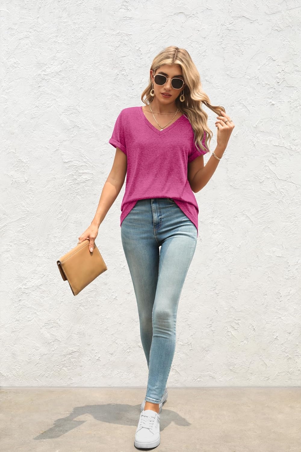 image:imageATHMILE T Womens Short Sleeve TShirts V Neck Summer Tops Basic Tees Lightweight Breathable Casual Sorf Spring Summer Workout Outfits ClothesRose Red