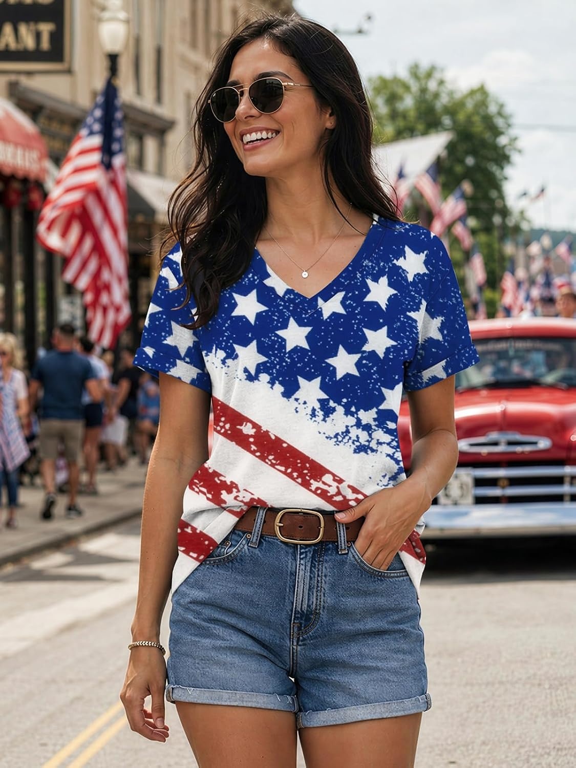 image:imageATHMILE T Womens Short Sleeve TShirts V Neck Summer Tops Basic Tees Lightweight Breathable Casual Sorf Spring Summer Workout Outfits ClothesUsa Flag