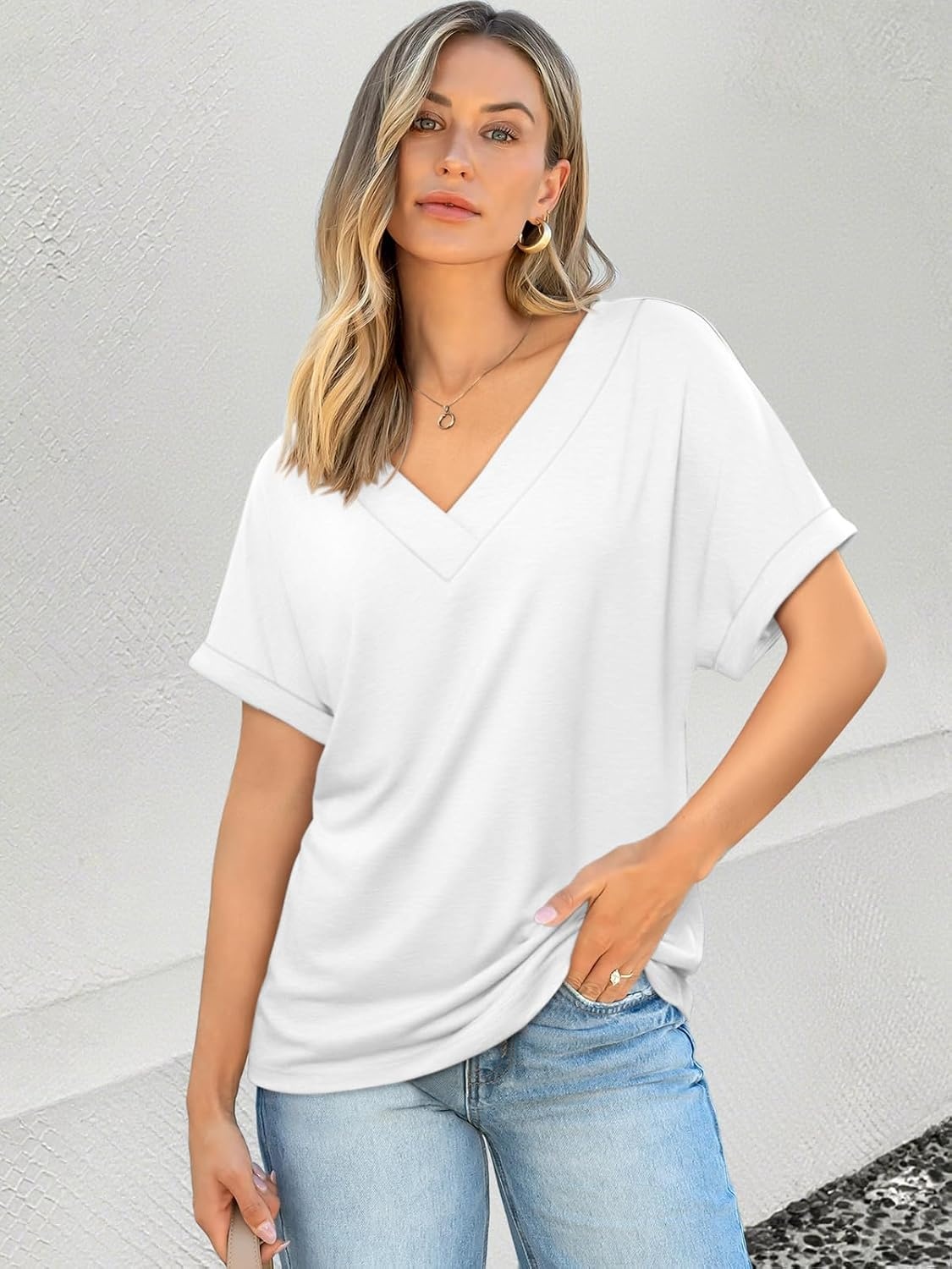 image:imageATHMILE V Neck T Shirts for Women Summer Tops Soft Casual Short Sleeve Cute Basic Trendy Outfits 2025White