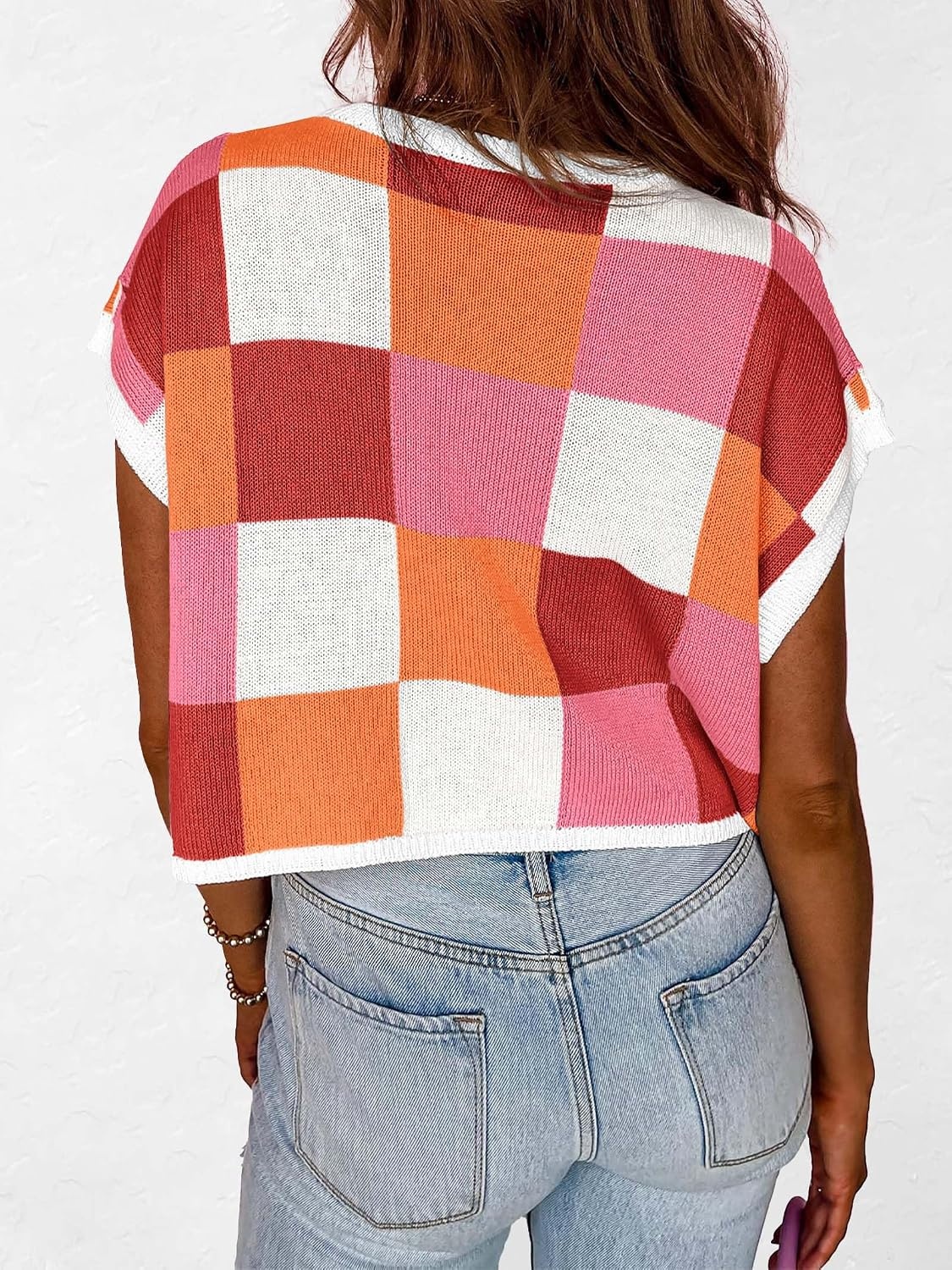 image:imageATHMILE Womens Cap Sleeve Tops Color Block Crop Sweater Going Out Crew Neck Knit Shirts Business Casual OutfitsRed