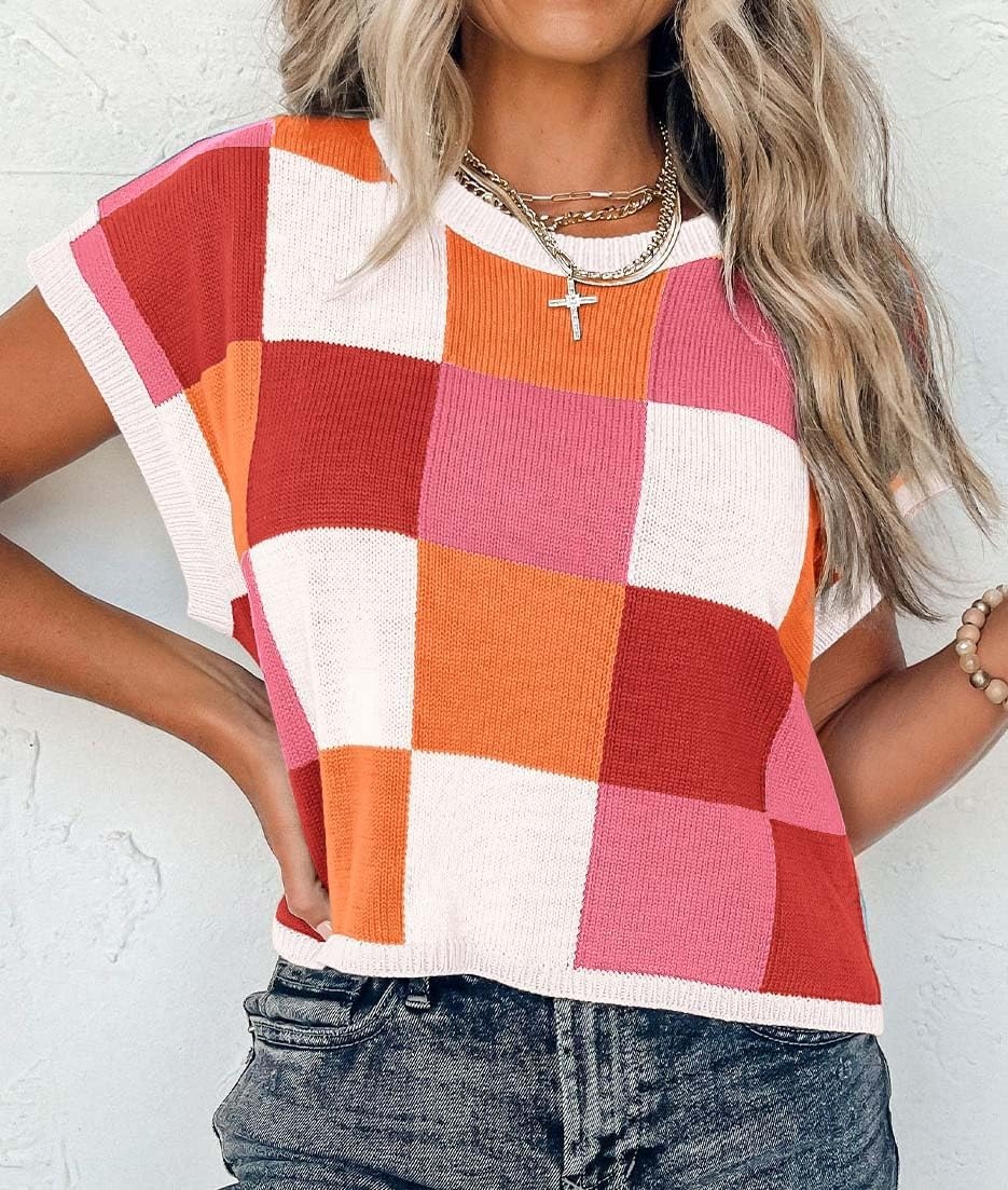 image:imageATHMILE Womens Cap Sleeve Tops Color Block Crop Sweater Going Out Crew Neck Knit Shirts Business Casual OutfitsRed