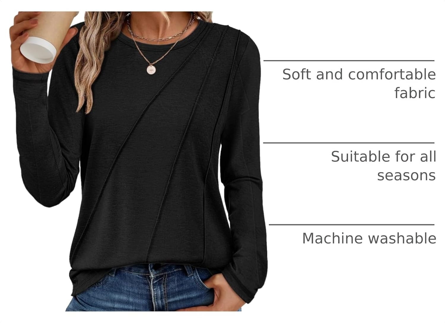 image:imageATHMILE Womens Long Sleeve Shirts Pleated Crew Neck Casual Tops Fall Fashion Loose Fit School Outfits Teacher Basic Clothes Vacation TrendyBlack