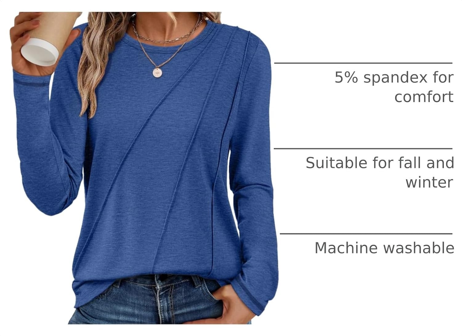 image:imageATHMILE Womens Long Sleeve Shirts Pleated Crew Neck Casual Tops Fall Fashion Loose Fit School Outfits Teacher Basic Clothes Vacation TrendyBlue