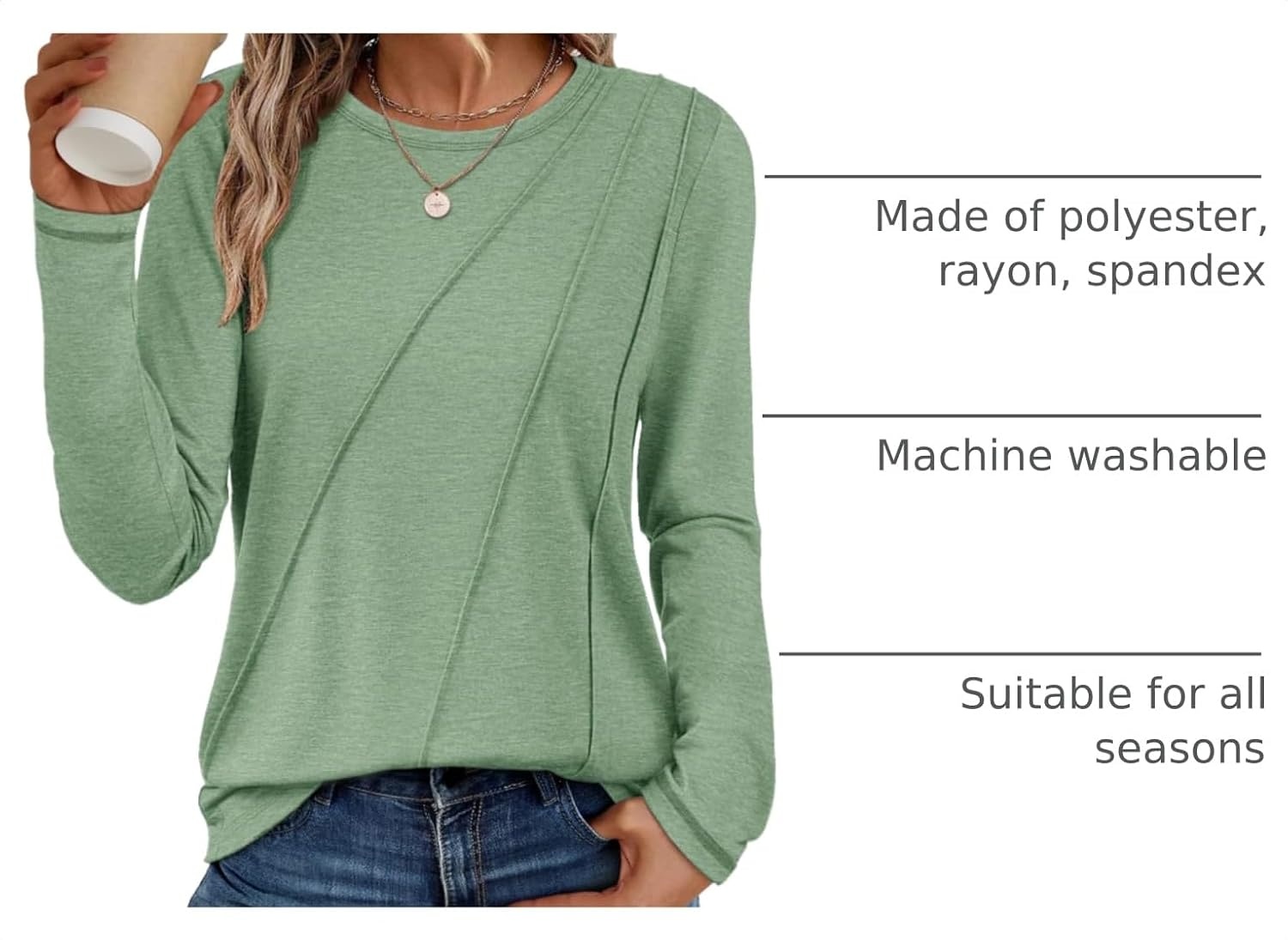 image:imageATHMILE Womens Long Sleeve Shirts Pleated Crew Neck Casual Tops Fall Fashion Loose Fit School Outfits Teacher Basic Clothes Vacation TrendyLight Green