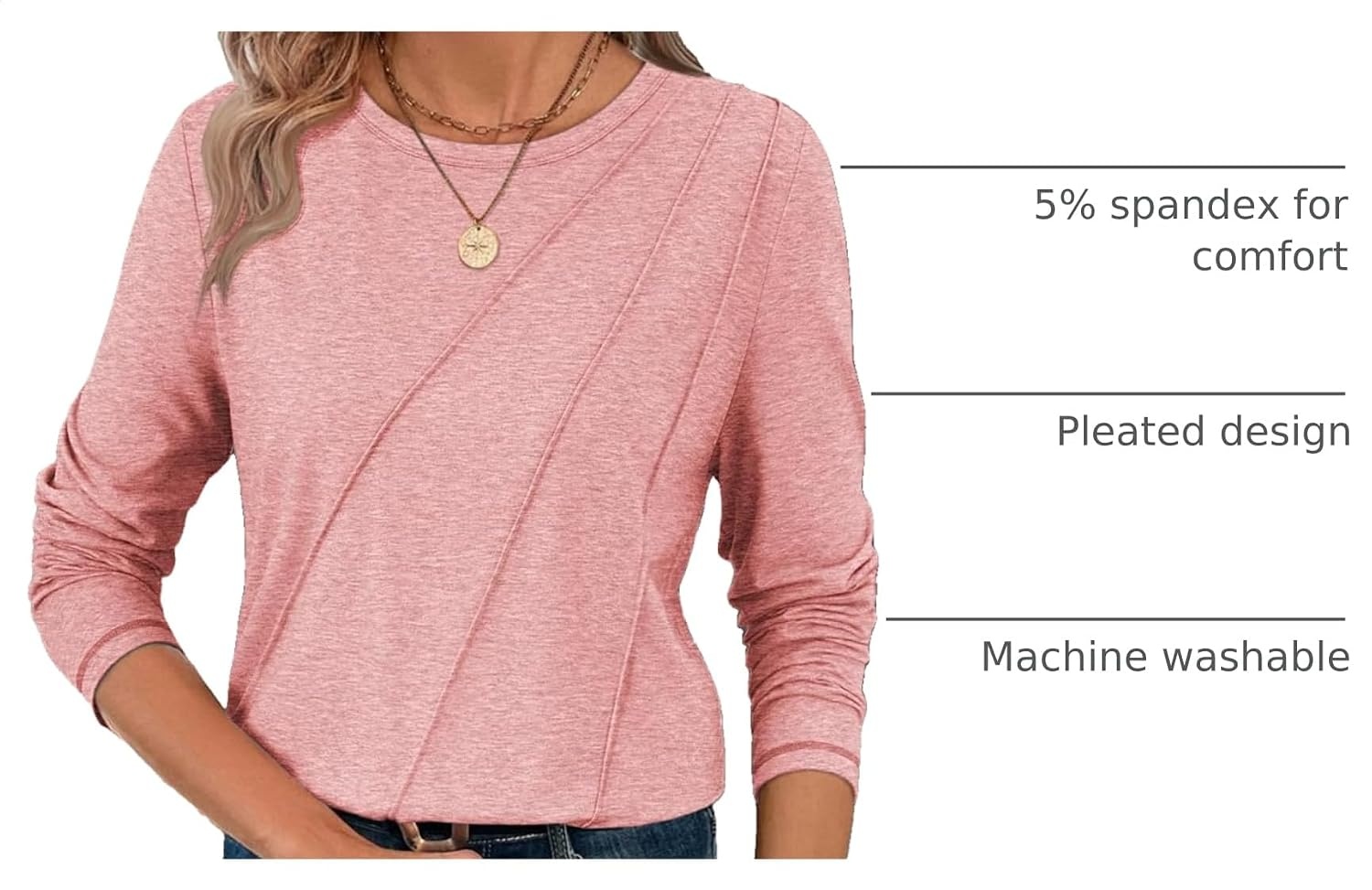image:imageATHMILE Womens Long Sleeve Shirts Pleated Crew Neck Casual Tops Fall Fashion Loose Fit School Outfits Teacher Basic Clothes Vacation TrendyPink