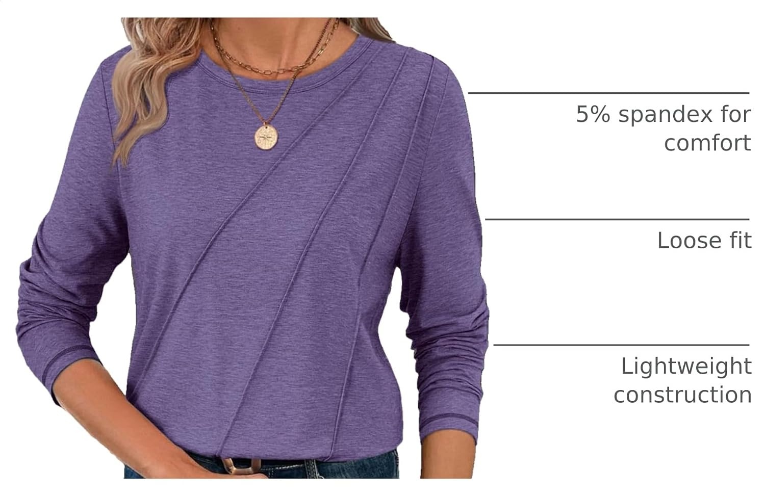 image:imageATHMILE Womens Long Sleeve Shirts Pleated Crew Neck Casual Tops Fall Fashion Loose Fit School Outfits Teacher Basic Clothes Vacation TrendyPurple
