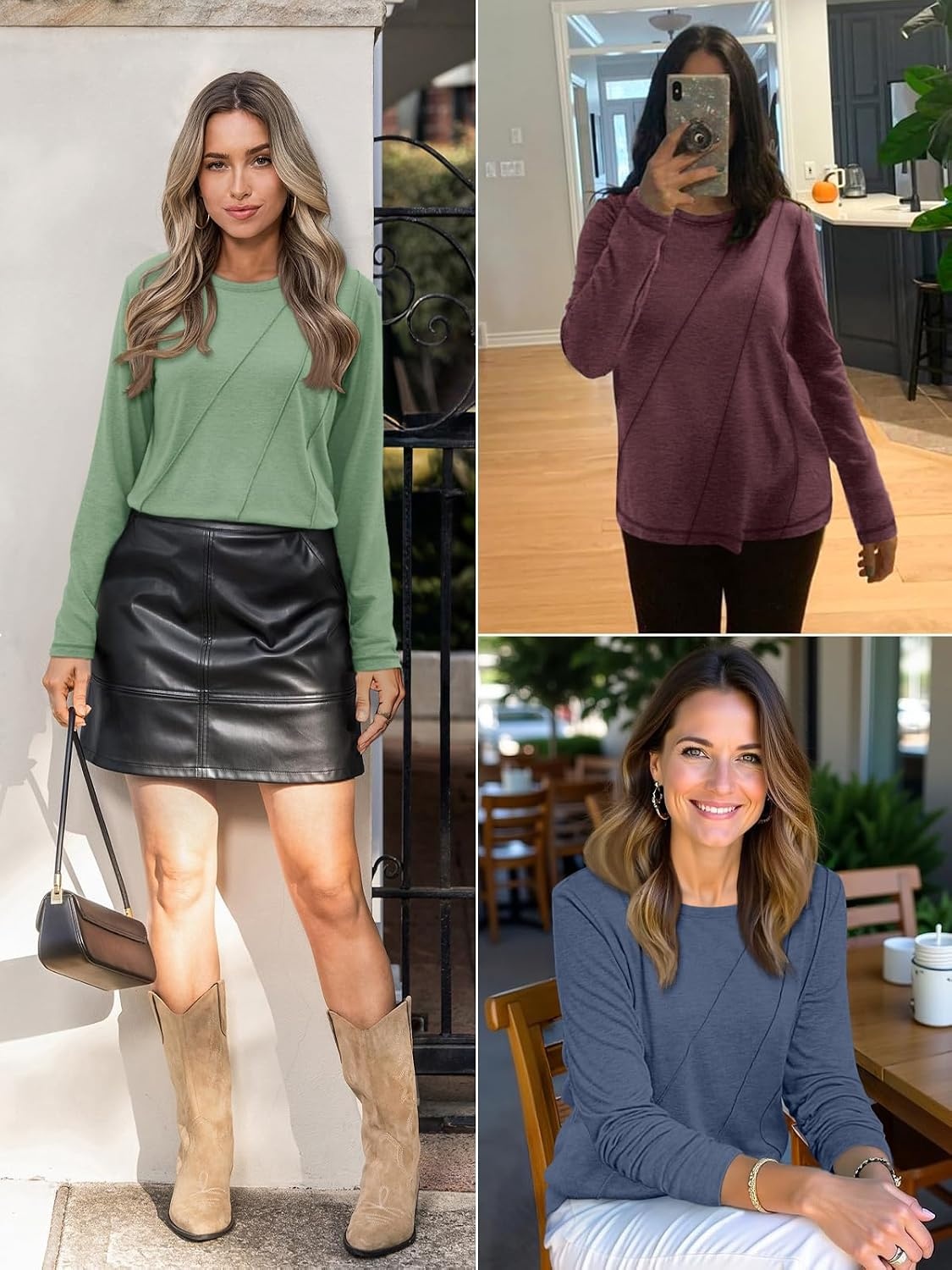 image:imageATHMILE Womens Long Sleeve Shirts Pleated Crew Neck Casual Tops Fall Fashion Loose Fit School Outfits Teacher Basic Clothes Vacation TrendyWine Red