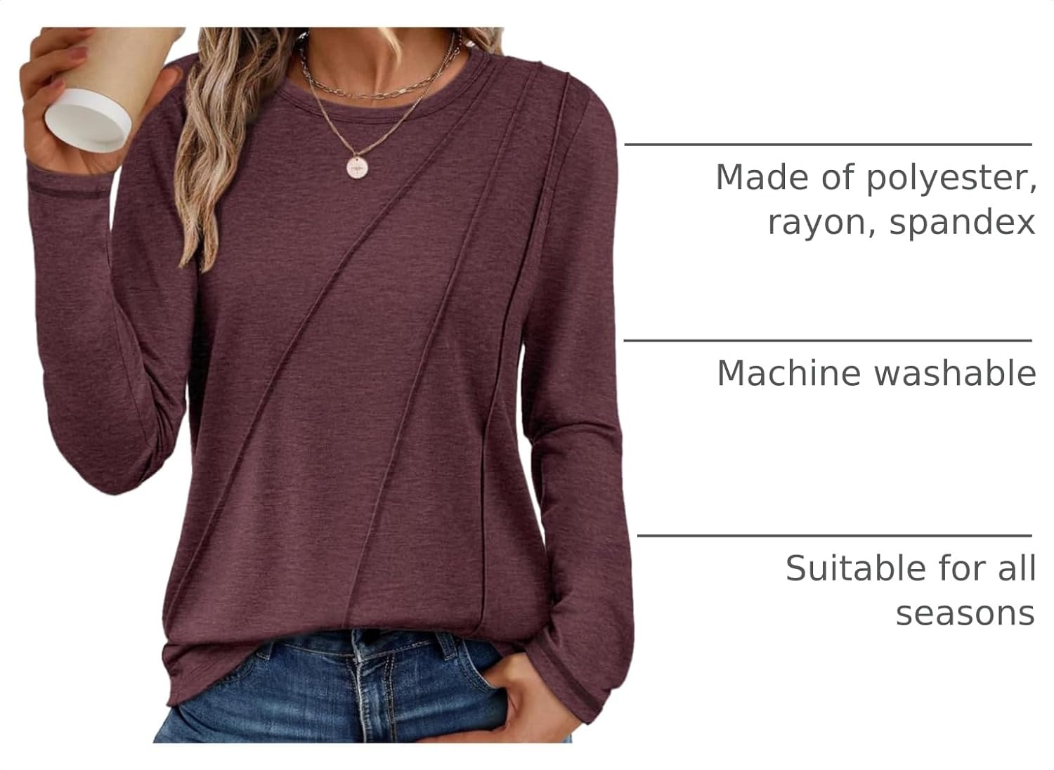 image:imageATHMILE Womens Long Sleeve Shirts Pleated Crew Neck Casual Tops Fall Fashion Loose Fit School Outfits Teacher Basic Clothes Vacation TrendyWine Red
