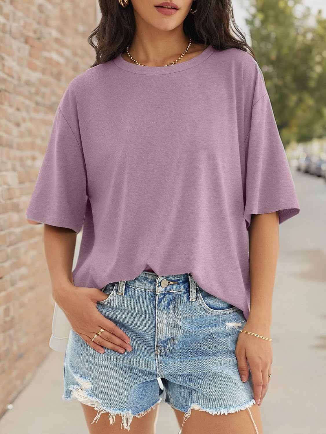 image:imageATHMILE Womens Oversized T Shirts Short Sleeve Workout Tops Cotton Casual Loose Fit Basic Graphics Gym Summer Plus Size Fashion ClothesDarkpink