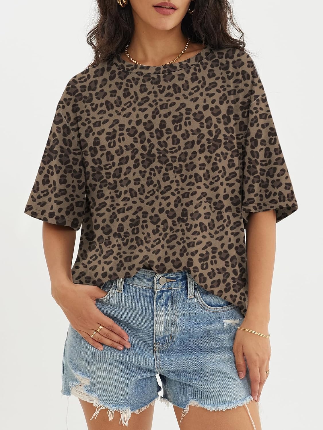image:imageATHMILE Womens Oversized T Shirts Short Sleeve Workout Tops Cotton Casual Loose Fit Basic Graphics Gym Summer Plus Size Fashion ClothesLeopard