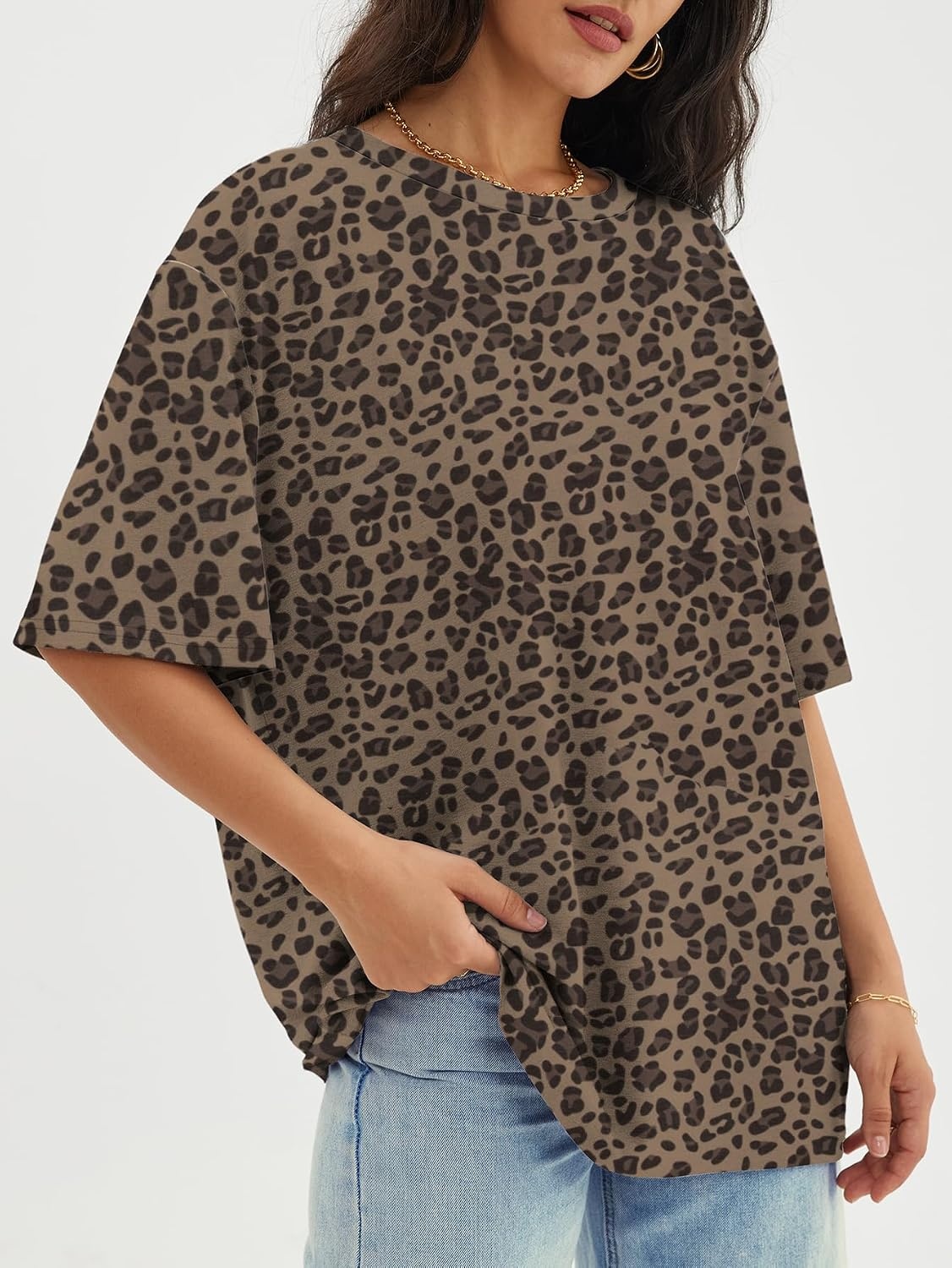 image:imageATHMILE Womens Oversized T Shirts Short Sleeve Workout Tops Cotton Casual Loose Fit Basic Graphics Gym Summer Plus Size Fashion ClothesLeopard