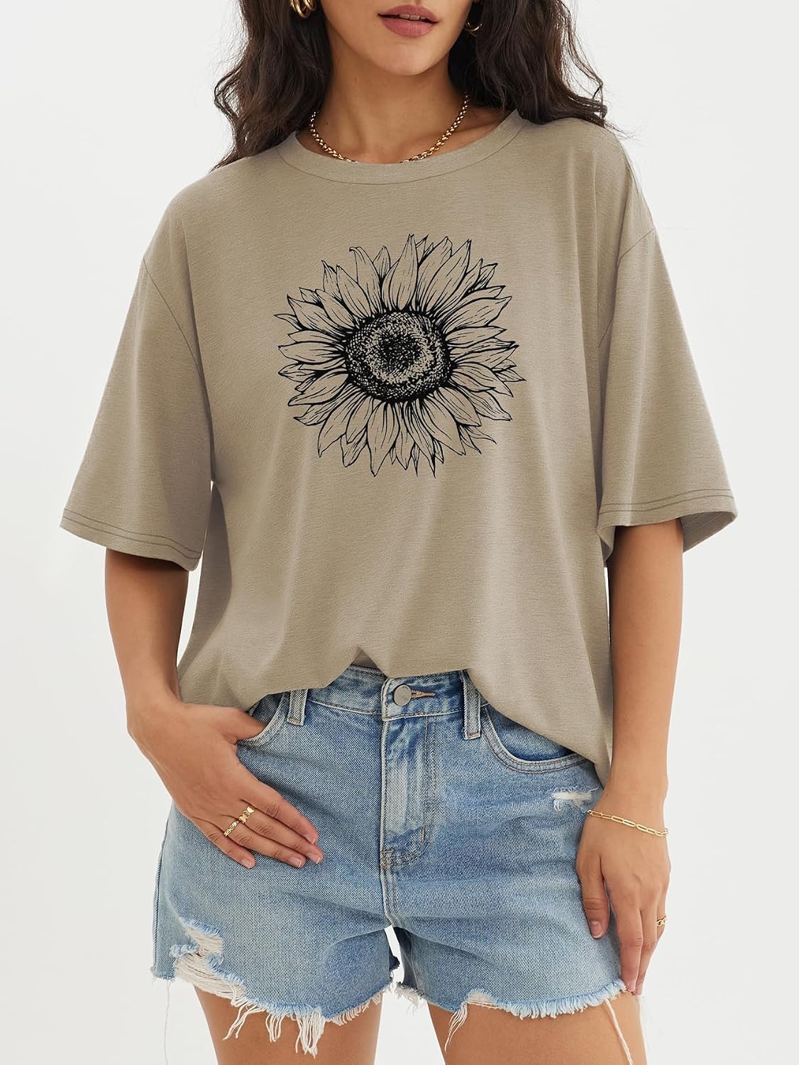 image:imageATHMILE Womens Oversized T Shirts Short Sleeve Workout Tops Cotton Casual Loose Fit Basic Graphics Gym Summer Plus Size Fashion ClothesSunflower Print Khaki
