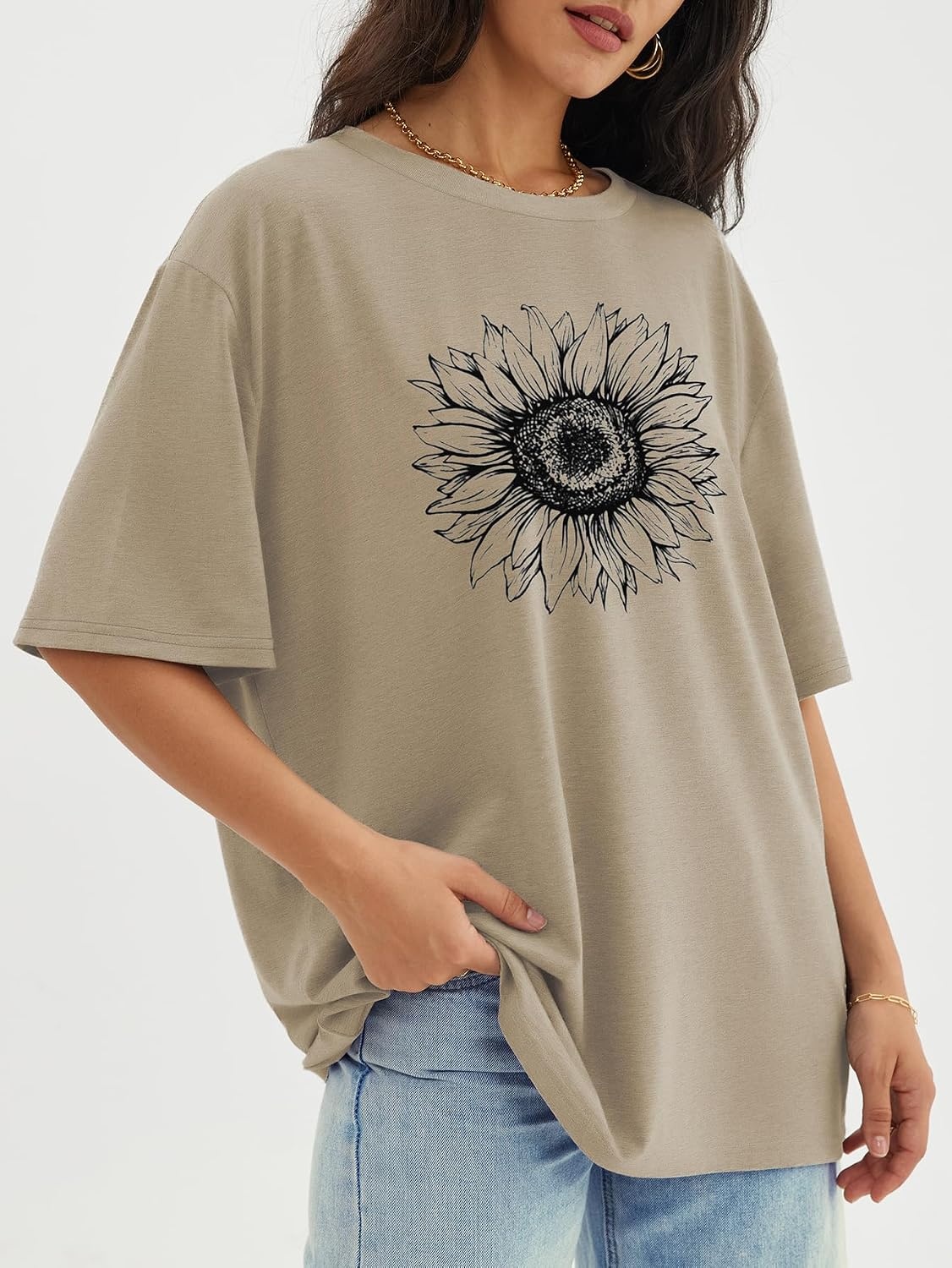image:imageATHMILE Womens Oversized T Shirts Short Sleeve Workout Tops Cotton Casual Loose Fit Basic Graphics Gym Summer Plus Size Fashion ClothesSunflower Print Khaki