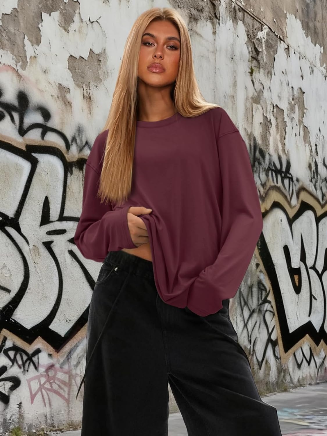 image:imageATHMILE Womens Oversized T Shirts Short Sleeve Workout Tops Cotton Casual Loose Fit Basic Graphics Gym Summer Plus Size Fashion ClothesZburgundy