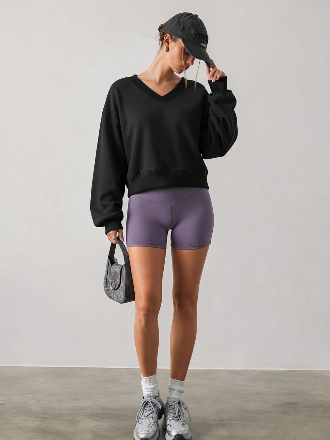 image:imageATHMILE Womens V Neck Crop Top Long Sleeve Sweatshirt Open Back Tops for Women Fashion Sexy Y2K Casual Fall Clothes 2026Black