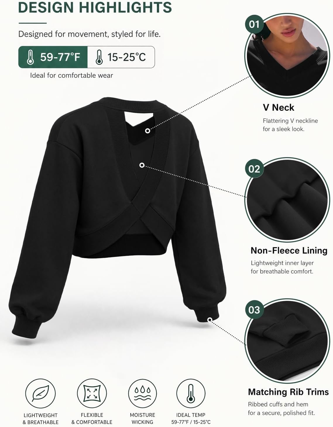image:imageATHMILE Womens V Neck Crop Top Long Sleeve Sweatshirt Open Back Tops for Women Fashion Sexy Y2K Casual Fall Clothes 2026Black