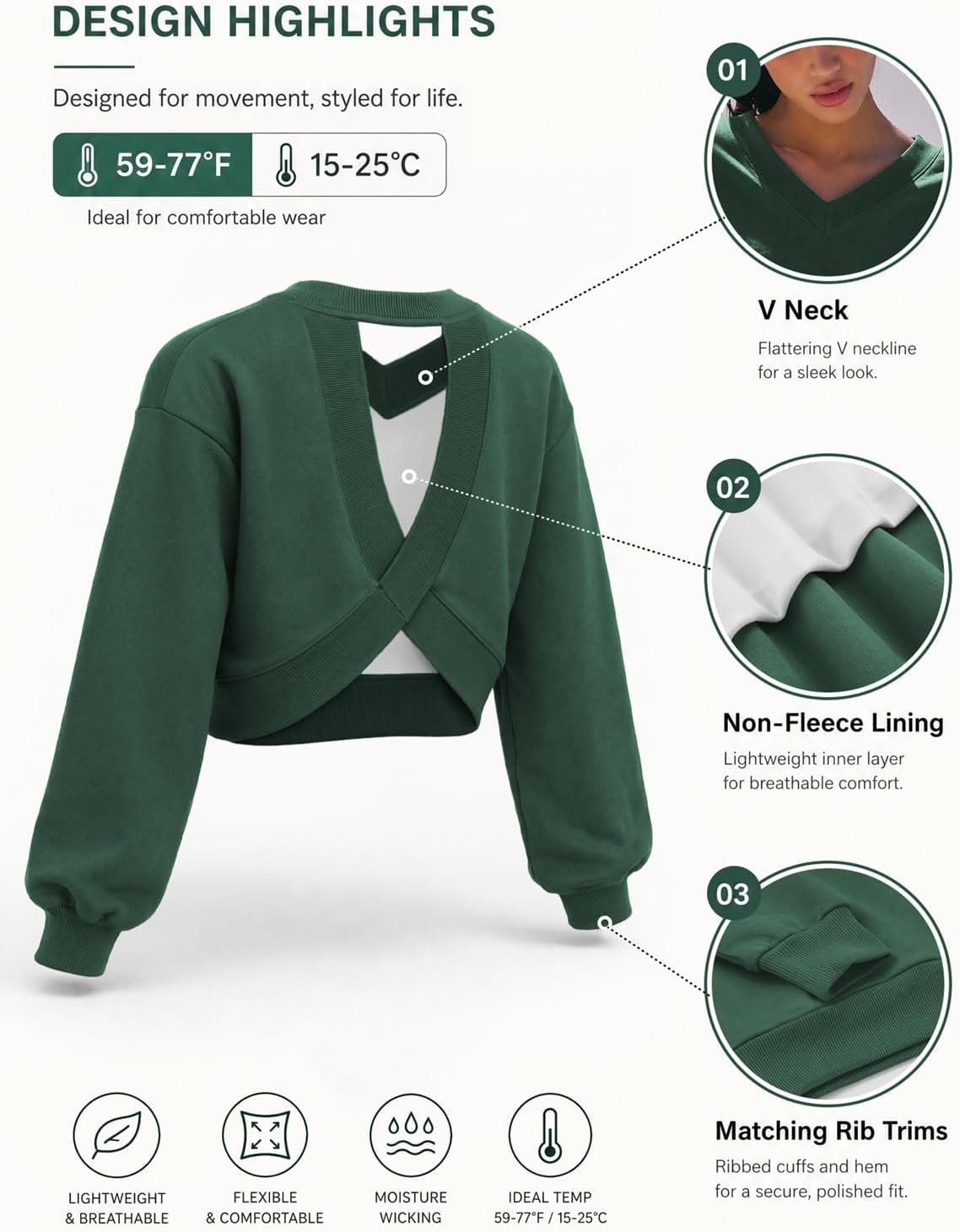 image:imageATHMILE Womens V Neck Crop Top Long Sleeve Sweatshirt Open Back Tops for Women Fashion Sexy Y2K Casual Fall Clothes 2026Dark Green