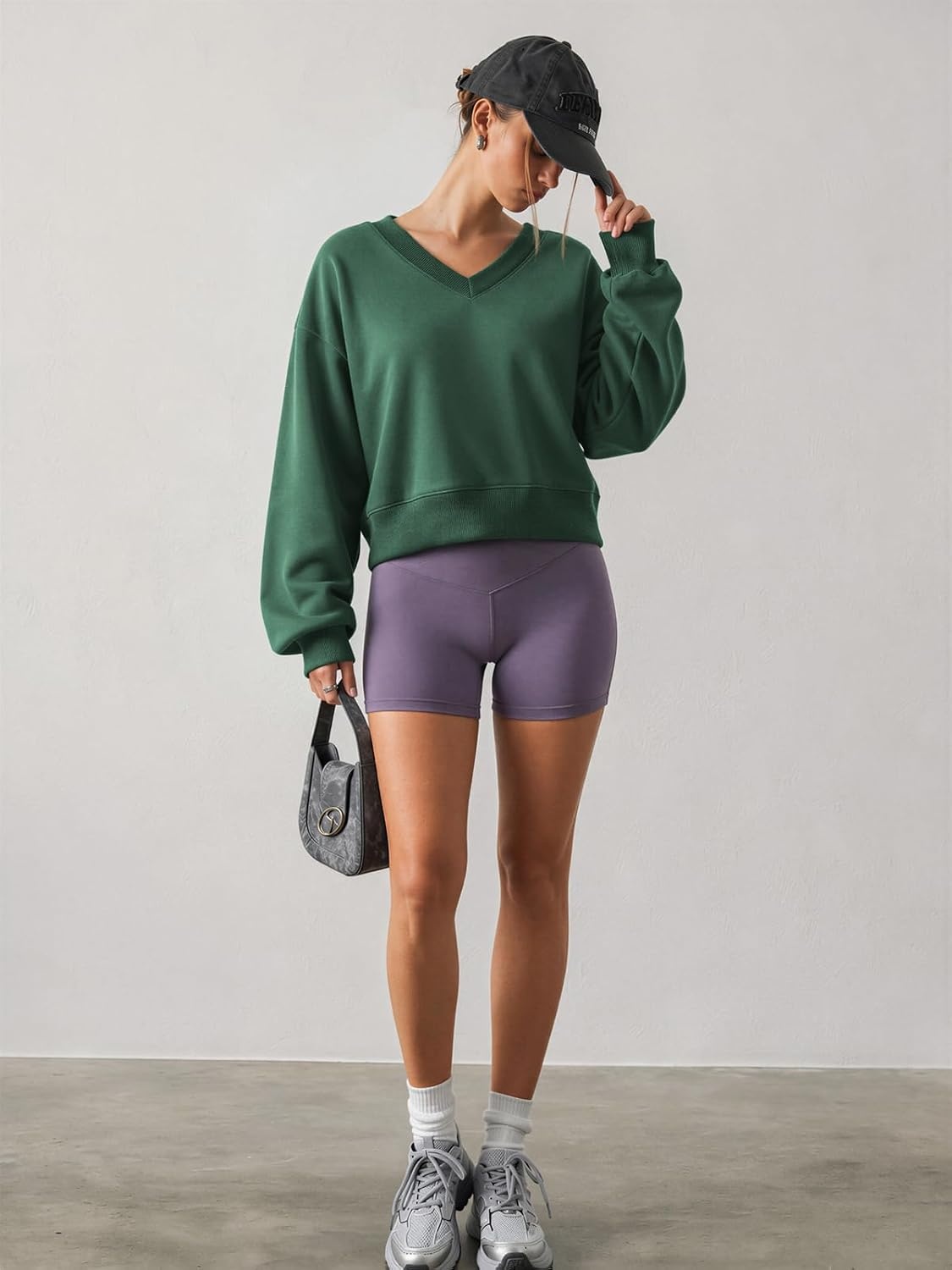 image:imageATHMILE Womens V Neck Crop Top Long Sleeve Sweatshirt Open Back Tops for Women Fashion Sexy Y2K Casual Fall Clothes 2026Dark Green
