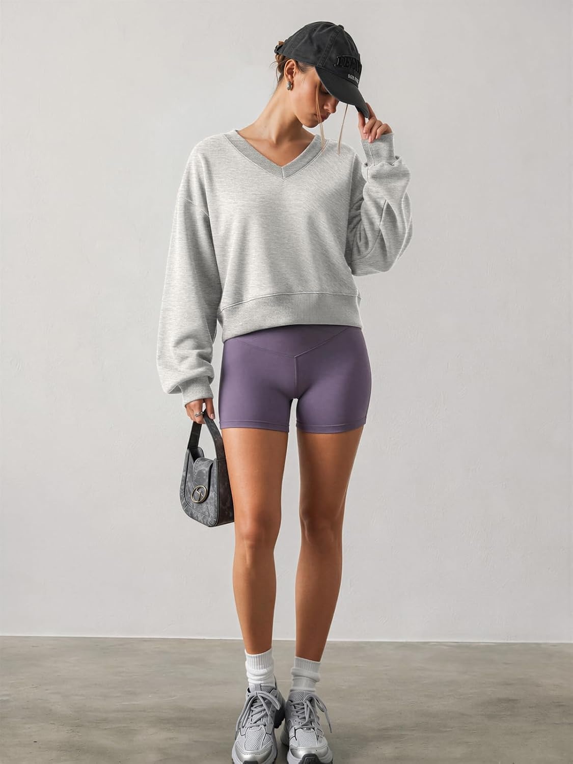 image:imageATHMILE Womens V Neck Crop Top Long Sleeve Sweatshirt Open Back Tops for Women Fashion Sexy Y2K Casual Fall Clothes 2026Grey