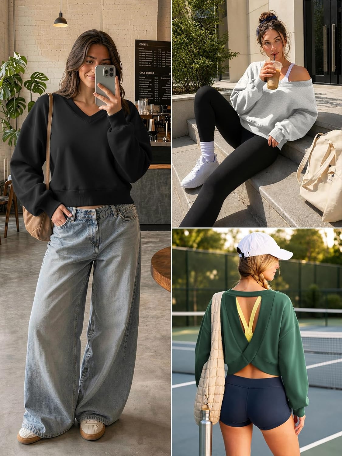 image:imageATHMILE Womens V Neck Crop Top Long Sleeve Sweatshirt Open Back Tops for Women Fashion Sexy Y2K Casual Fall Clothes 2026White