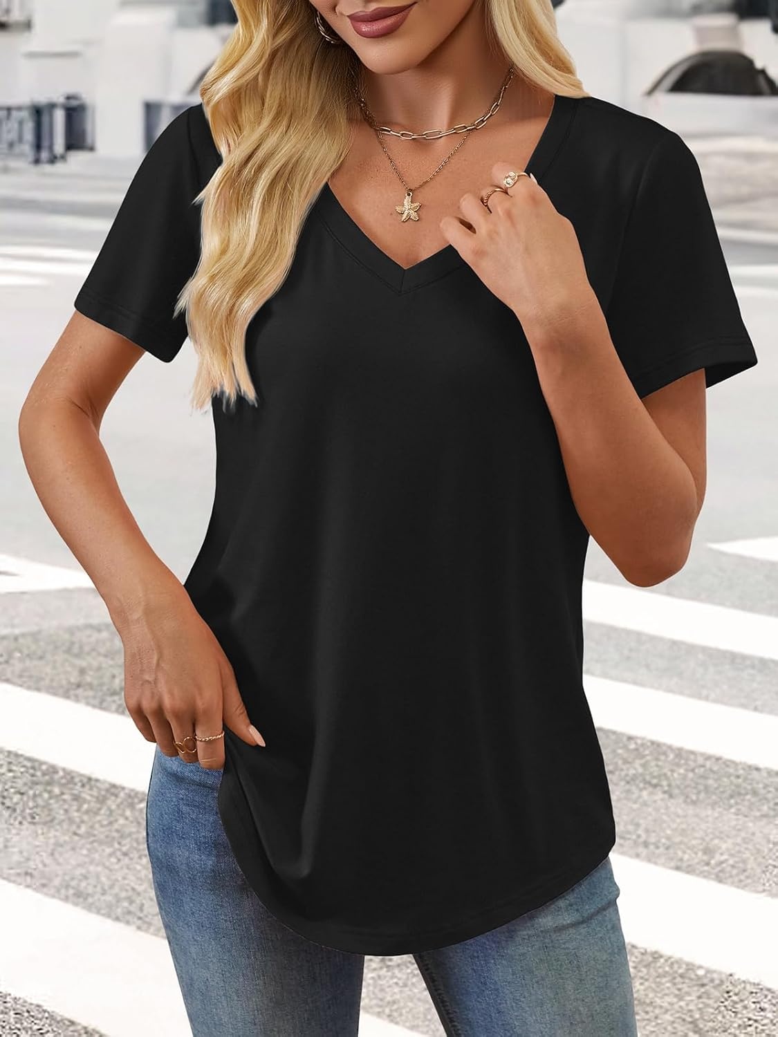 image:imageATHMILE Womens V Neck Short Sleeve Summer T Shirts Curved Hem Plain Top Lightweight Breathable Casual Spring Summer TeeBlack