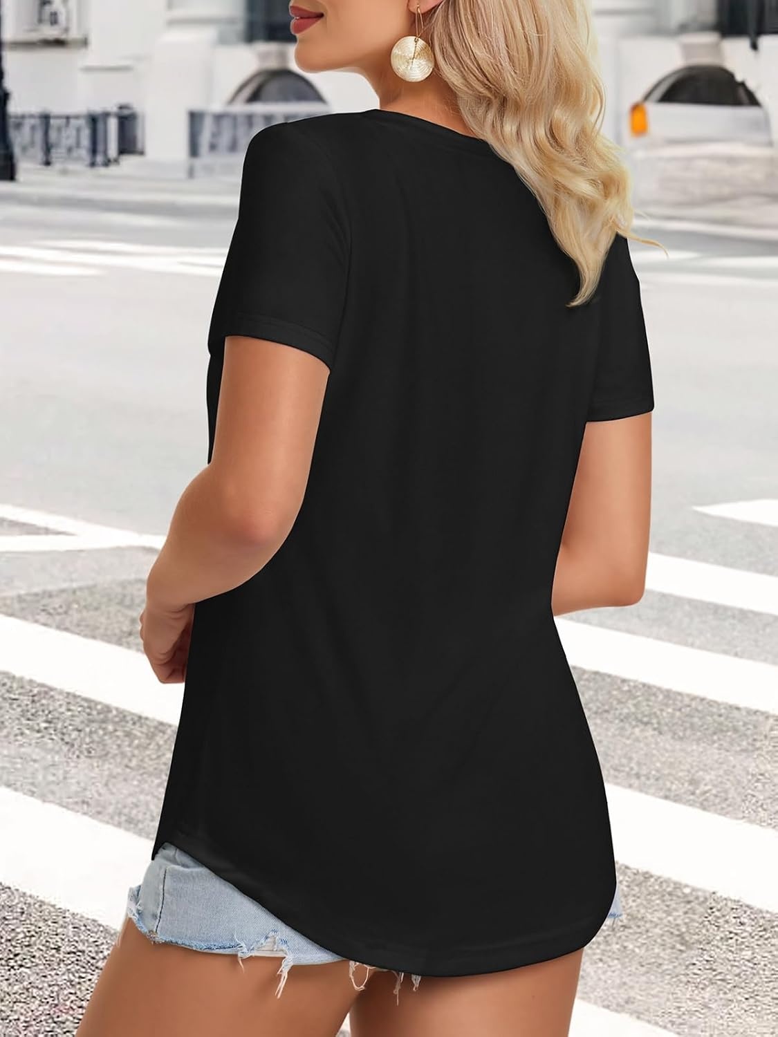 image:imageATHMILE Womens V Neck Short Sleeve Summer T Shirts Curved Hem Plain Top Lightweight Breathable Casual Spring Summer TeeBlack