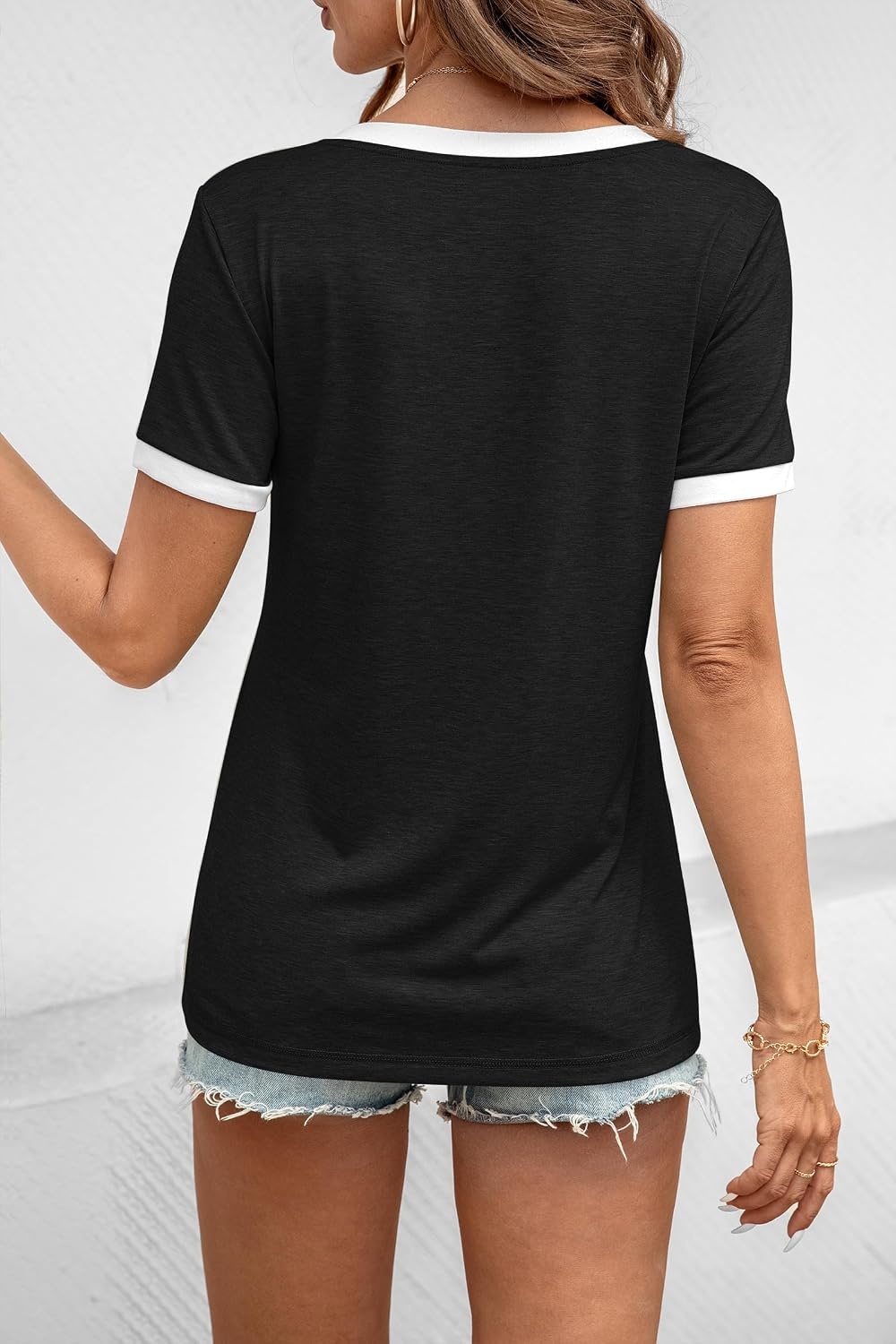 image:imageATHMILE Womens V Neck Short Sleeve Summer T Shirts Curved Hem Plain Top Lightweight Breathable Casual Spring Summer TeeBlockblack
