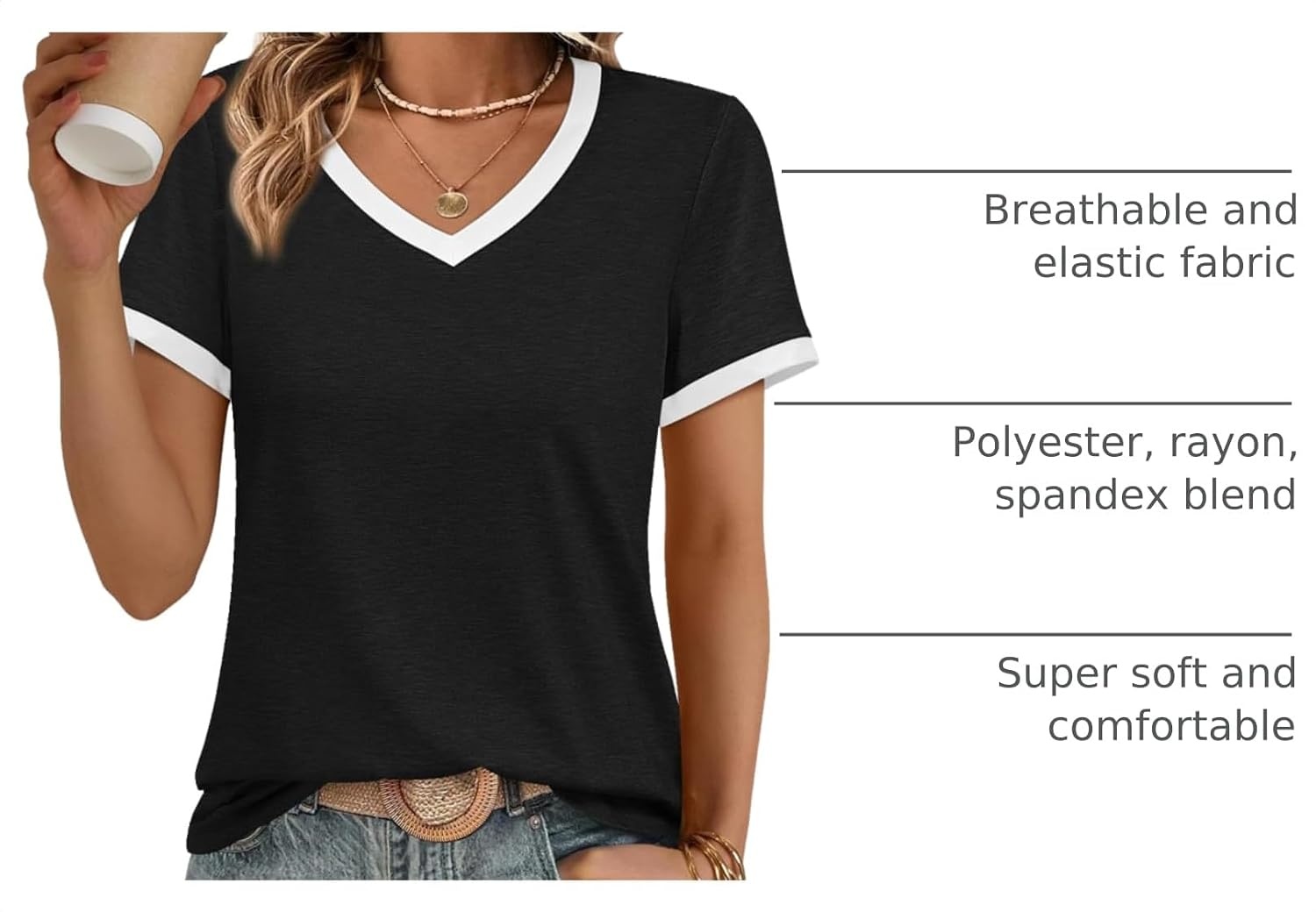 image:imageATHMILE Womens V Neck Short Sleeve Summer T Shirts Curved Hem Plain Top Lightweight Breathable Casual Spring Summer TeeBlockblack