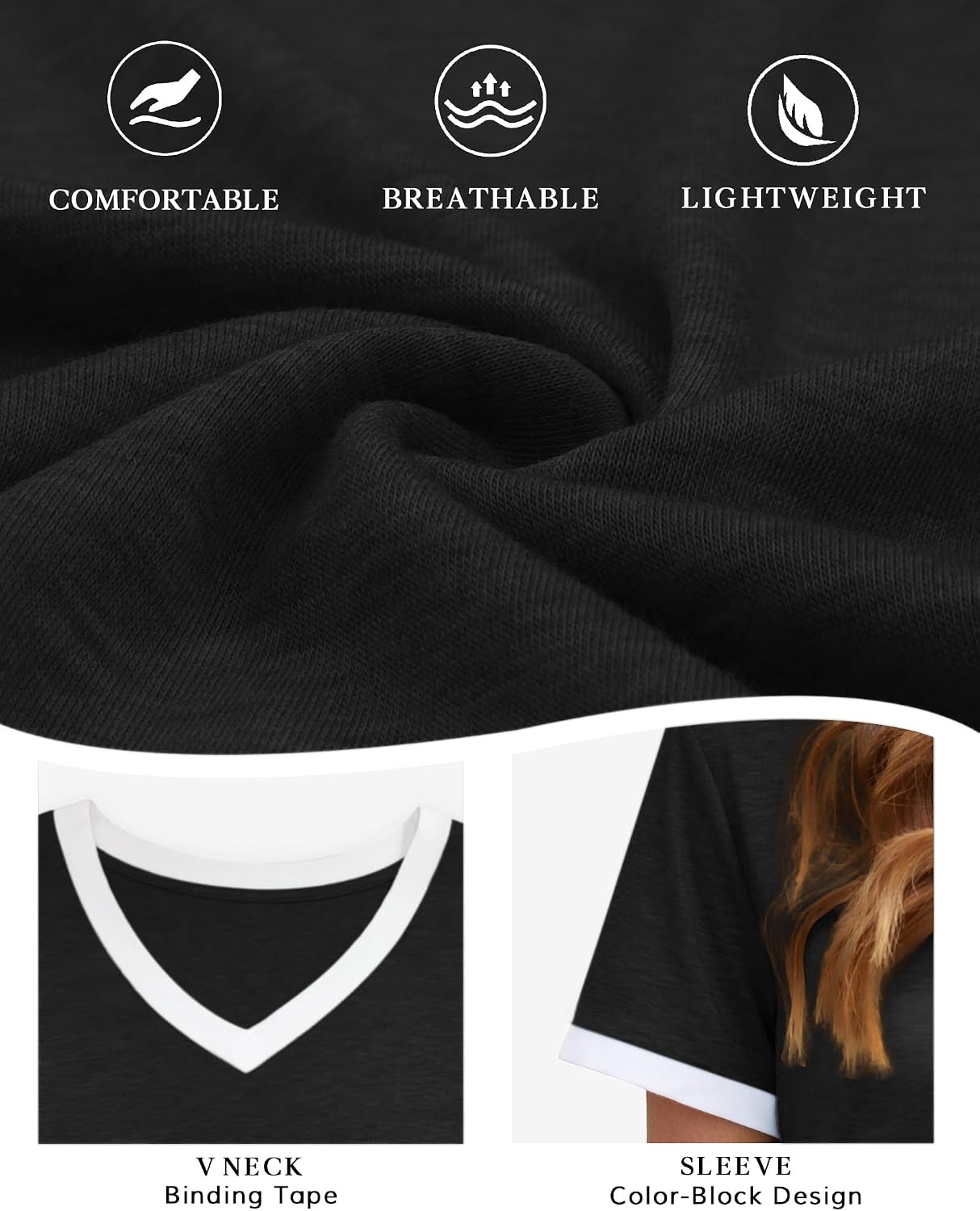 image:imageATHMILE Womens V Neck Short Sleeve Summer T Shirts Curved Hem Plain Top Lightweight Breathable Casual Spring Summer TeeBlockblack