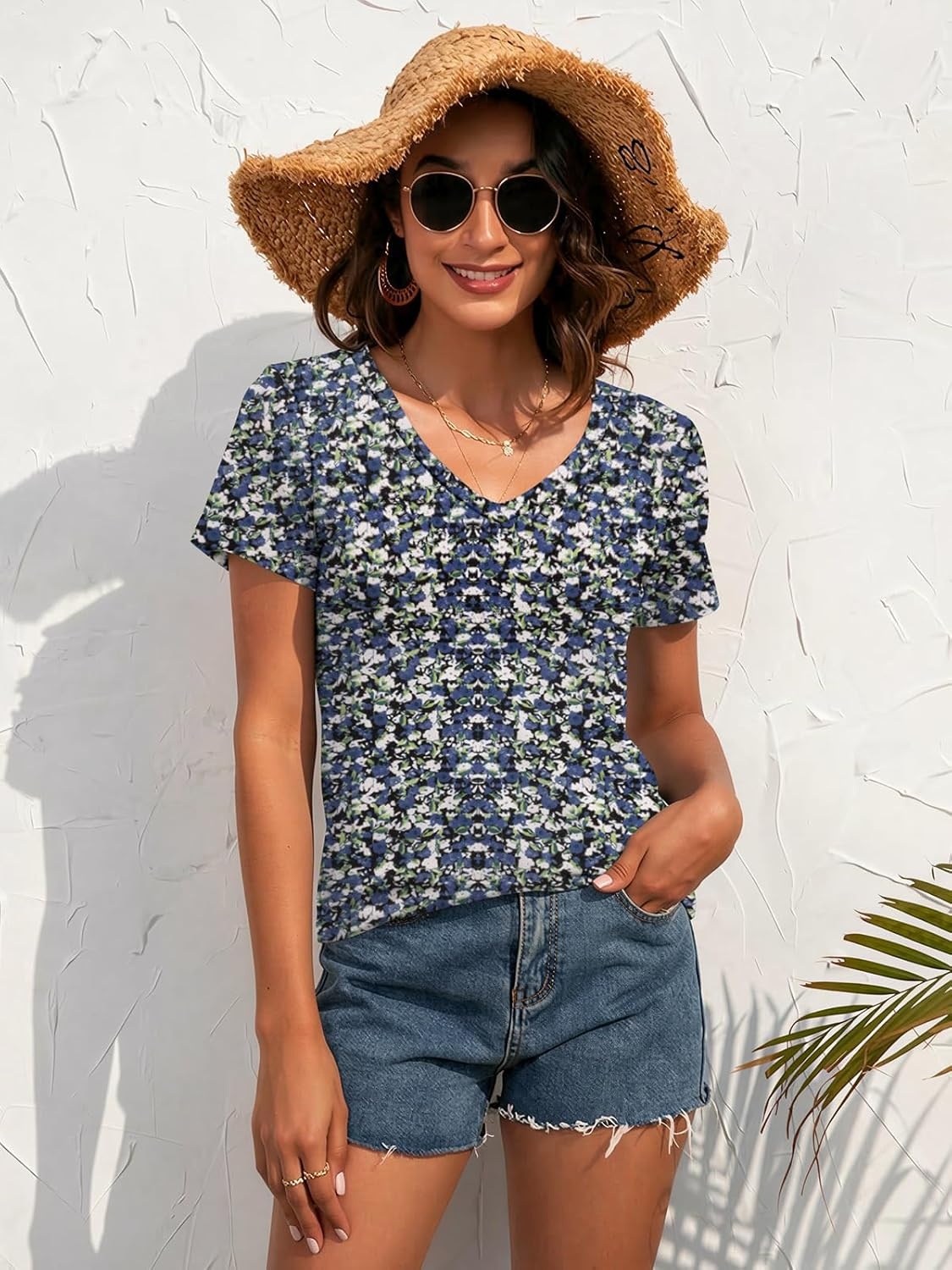 image:imageATHMILE Womens V Neck Short Sleeve Summer T Shirts Curved Hem Plain Top Lightweight Breathable Casual Spring Summer TeeBlue Flowers
