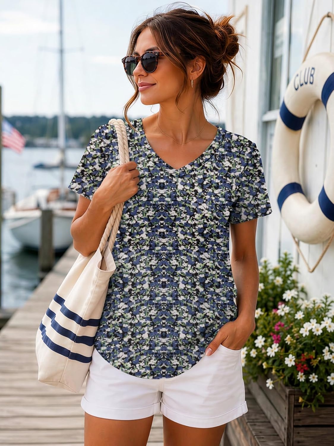image:imageATHMILE Womens V Neck Short Sleeve Summer T Shirts Curved Hem Plain Top Lightweight Breathable Casual Spring Summer TeeBlue Flowers