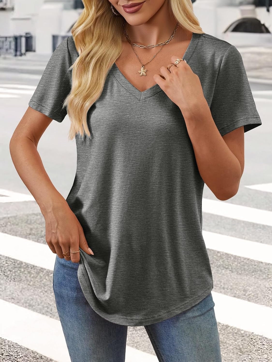 image:imageATHMILE Womens V Neck Short Sleeve Summer T Shirts Curved Hem Plain Top Lightweight Breathable Casual Spring Summer TeeDark Gray