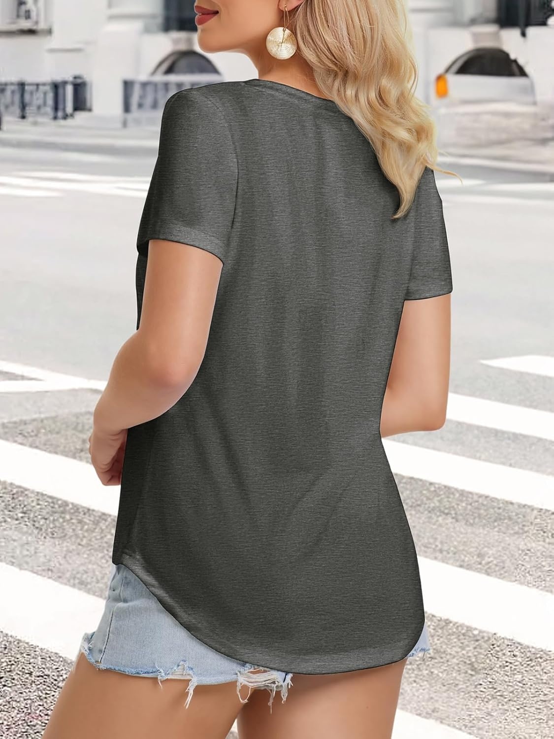 image:imageATHMILE Womens V Neck Short Sleeve Summer T Shirts Curved Hem Plain Top Lightweight Breathable Casual Spring Summer TeeDark Gray