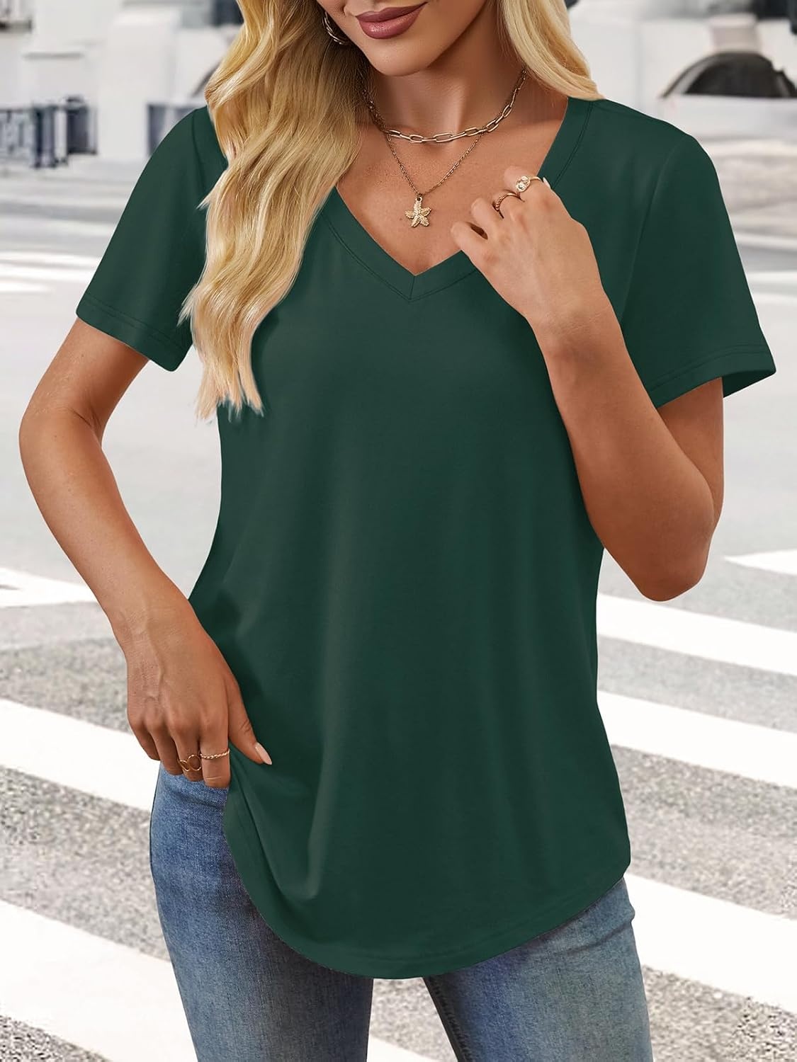 image:imageATHMILE Womens V Neck Short Sleeve Summer T Shirts Curved Hem Plain Top Lightweight Breathable Casual Spring Summer TeeDeepgreen