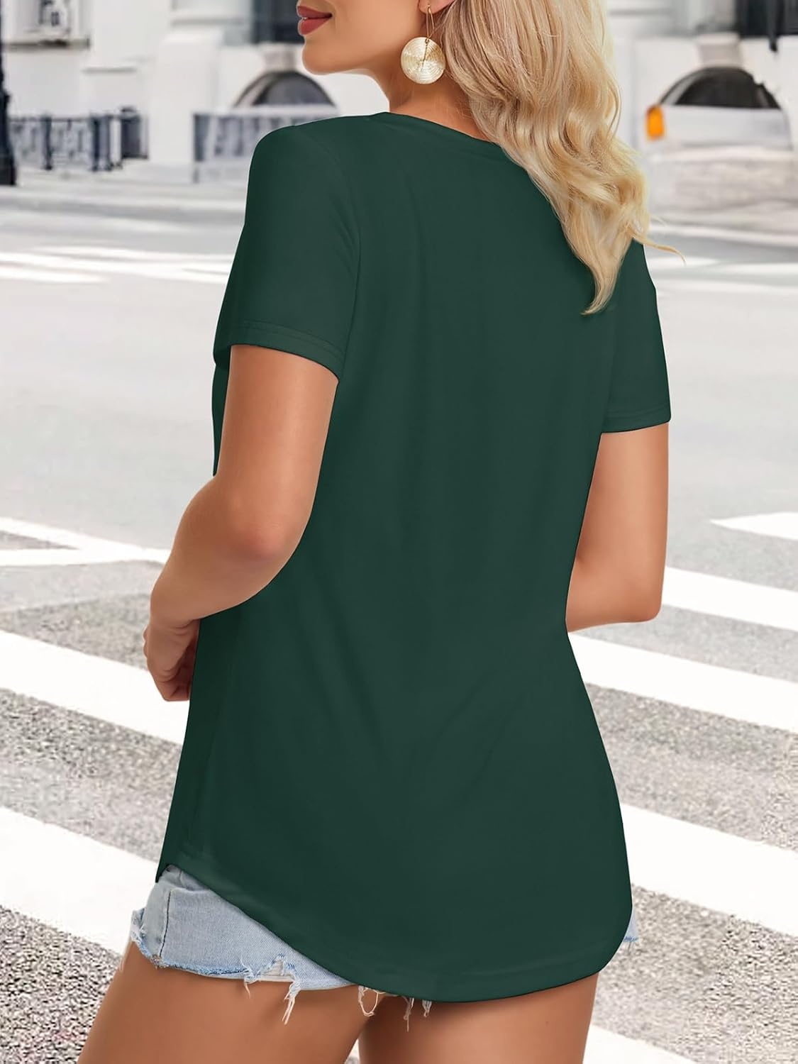image:imageATHMILE Womens V Neck Short Sleeve Summer T Shirts Curved Hem Plain Top Lightweight Breathable Casual Spring Summer TeeDeepgreen