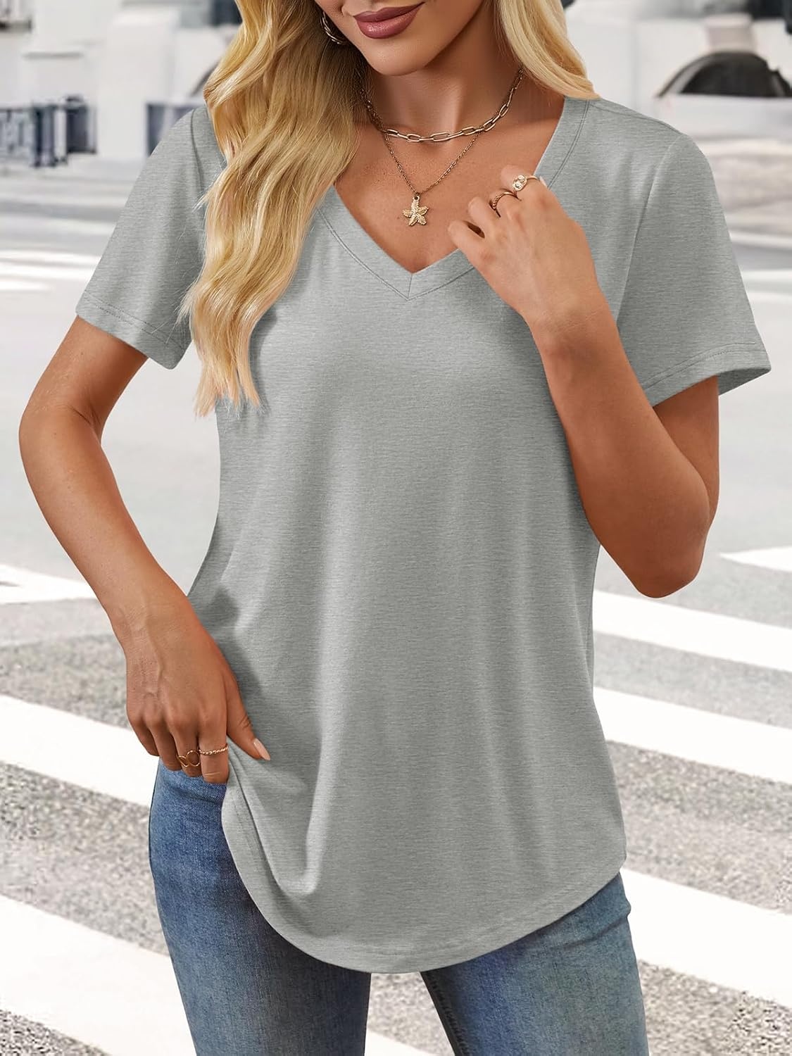 image:imageATHMILE Womens V Neck Short Sleeve Summer T Shirts Curved Hem Plain Top Lightweight Breathable Casual Spring Summer TeeGrey