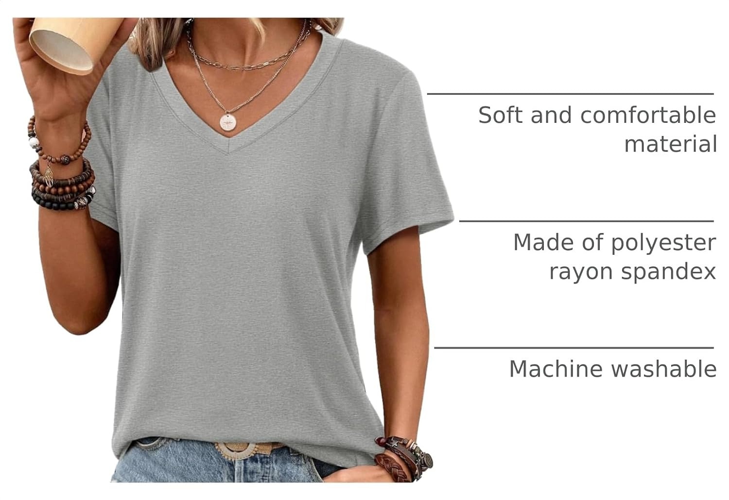 image:imageATHMILE Womens V Neck Short Sleeve Summer T Shirts Curved Hem Plain Top Lightweight Breathable Casual Spring Summer TeeGrey