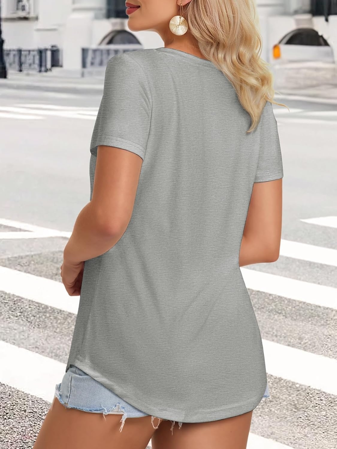 image:imageATHMILE Womens V Neck Short Sleeve Summer T Shirts Curved Hem Plain Top Lightweight Breathable Casual Spring Summer TeeGrey