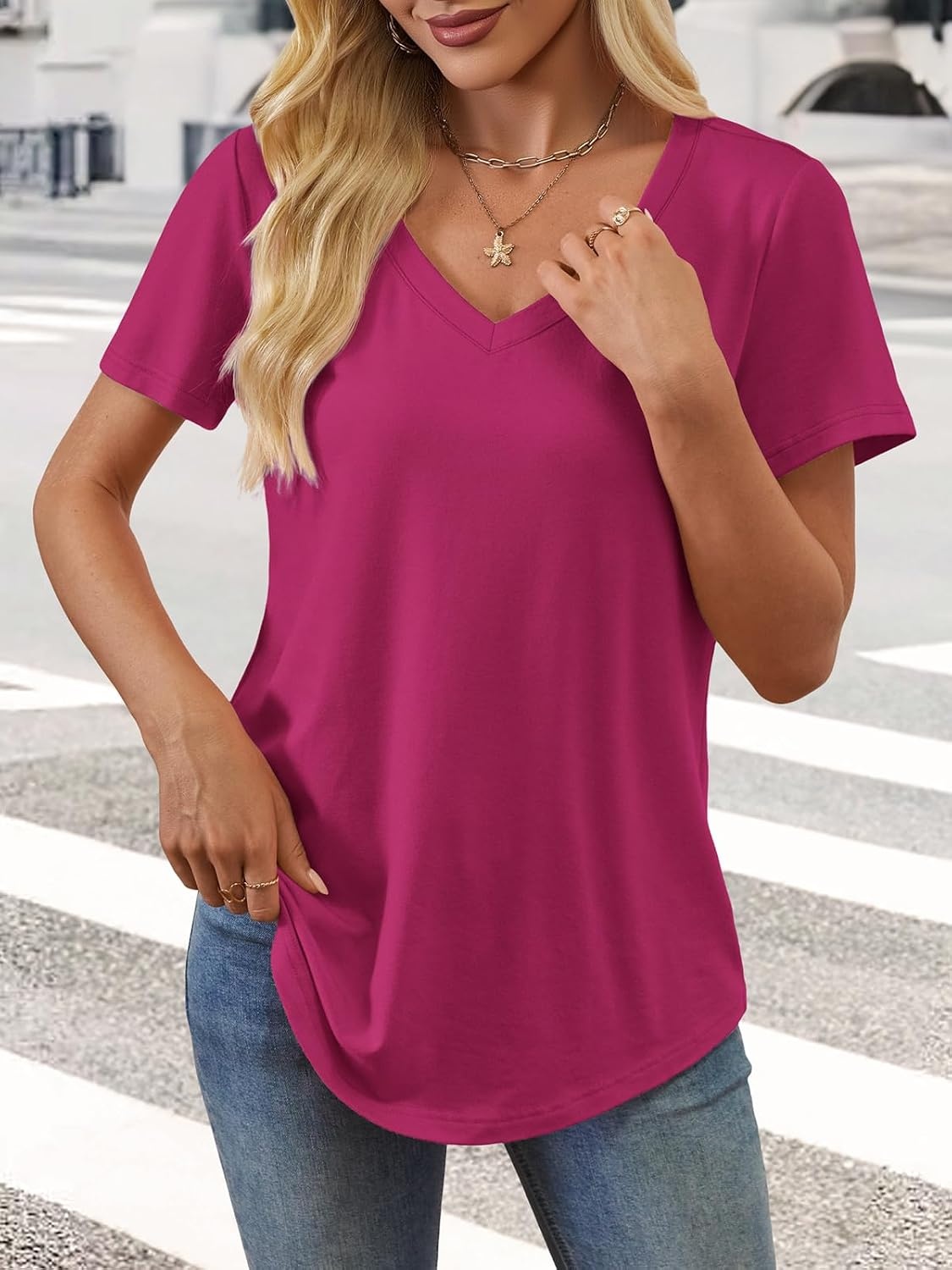 image:imageATHMILE Womens V Neck Short Sleeve Summer T Shirts Curved Hem Plain Top Lightweight Breathable Casual Spring Summer TeeHot Pink