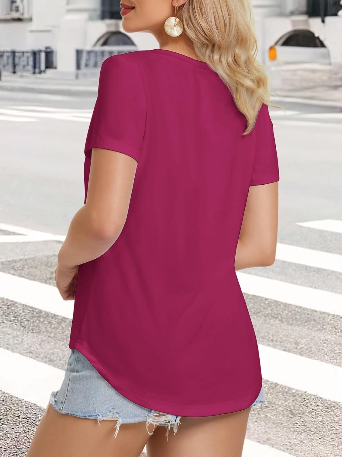 image:imageATHMILE Womens V Neck Short Sleeve Summer T Shirts Curved Hem Plain Top Lightweight Breathable Casual Spring Summer TeeHot Pink