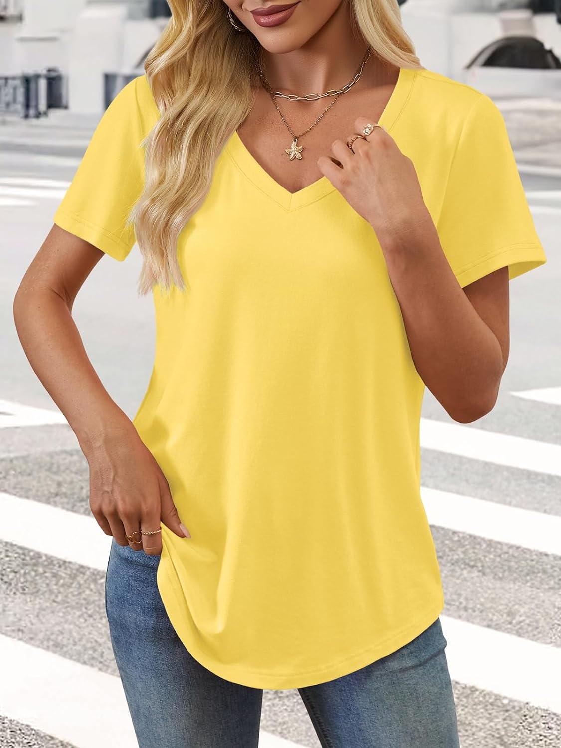 image:imageATHMILE Womens V Neck Short Sleeve Summer T Shirts Curved Hem Plain Top Lightweight Breathable Casual Spring Summer TeeLemon
