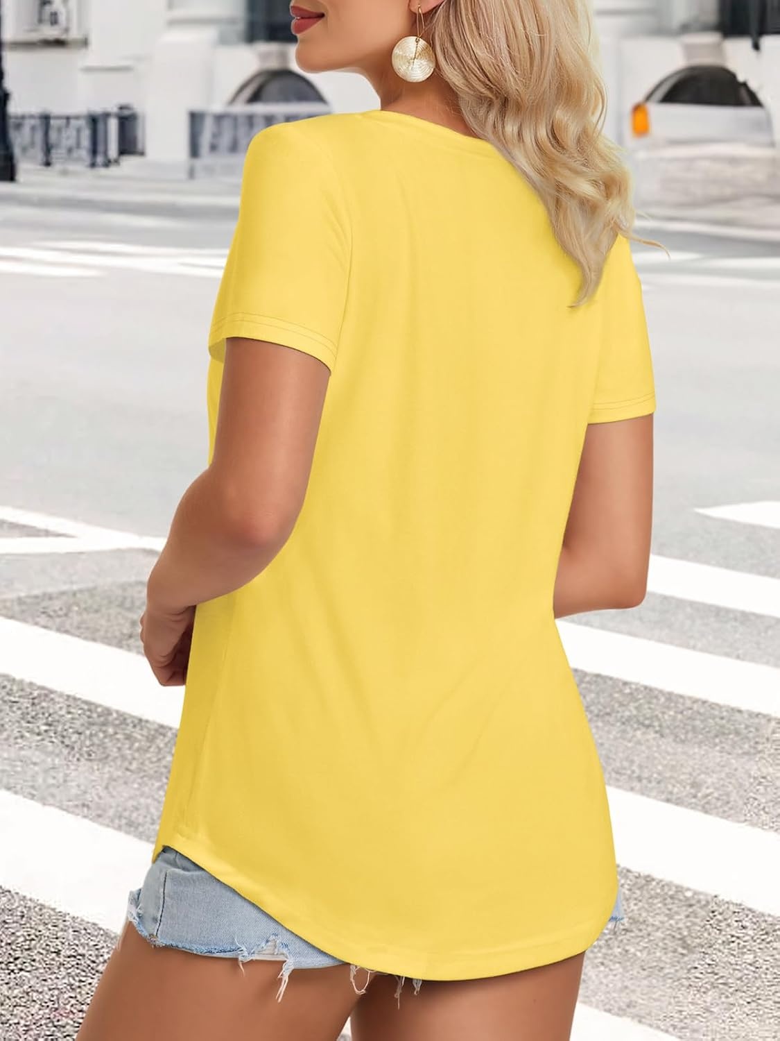 image:imageATHMILE Womens V Neck Short Sleeve Summer T Shirts Curved Hem Plain Top Lightweight Breathable Casual Spring Summer TeeLemon