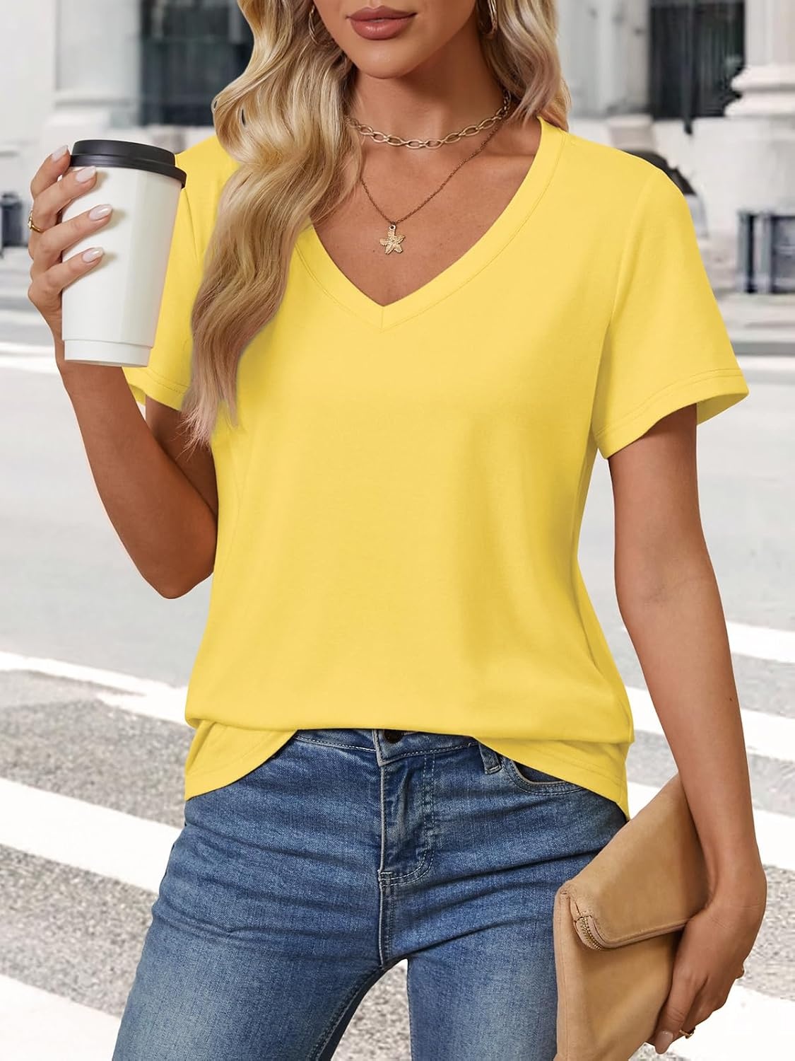 image:imageATHMILE Womens V Neck Short Sleeve Summer T Shirts Curved Hem Plain Top Lightweight Breathable Casual Spring Summer TeeLemon