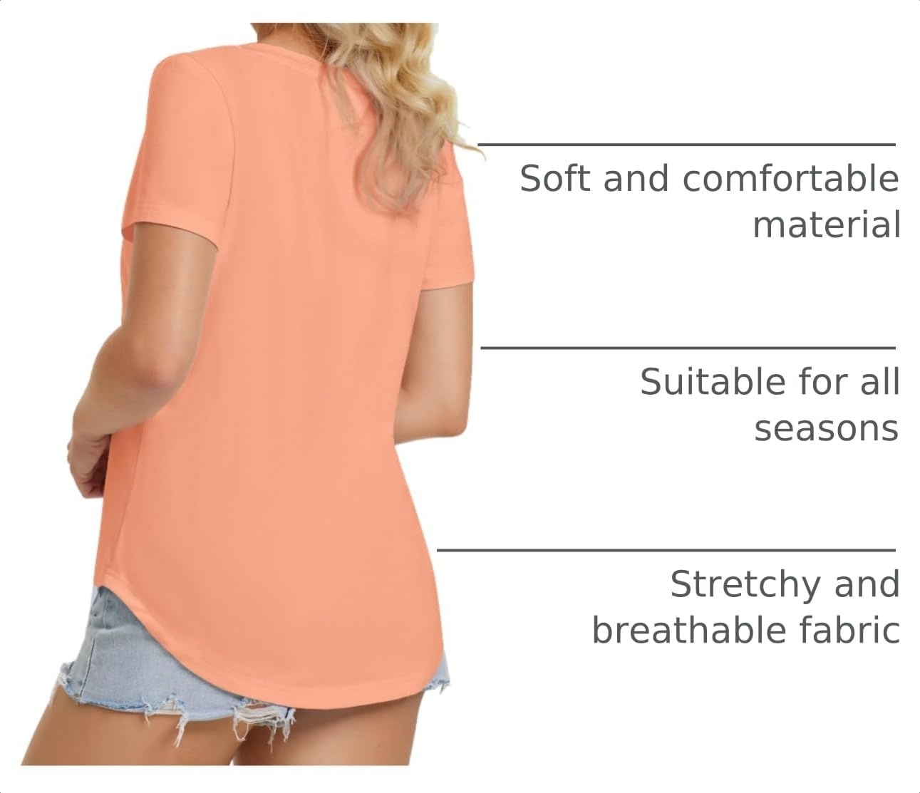 image:imageATHMILE Womens V Neck Short Sleeve Summer T Shirts Curved Hem Plain Top Lightweight Breathable Casual Spring Summer TeeLightpink