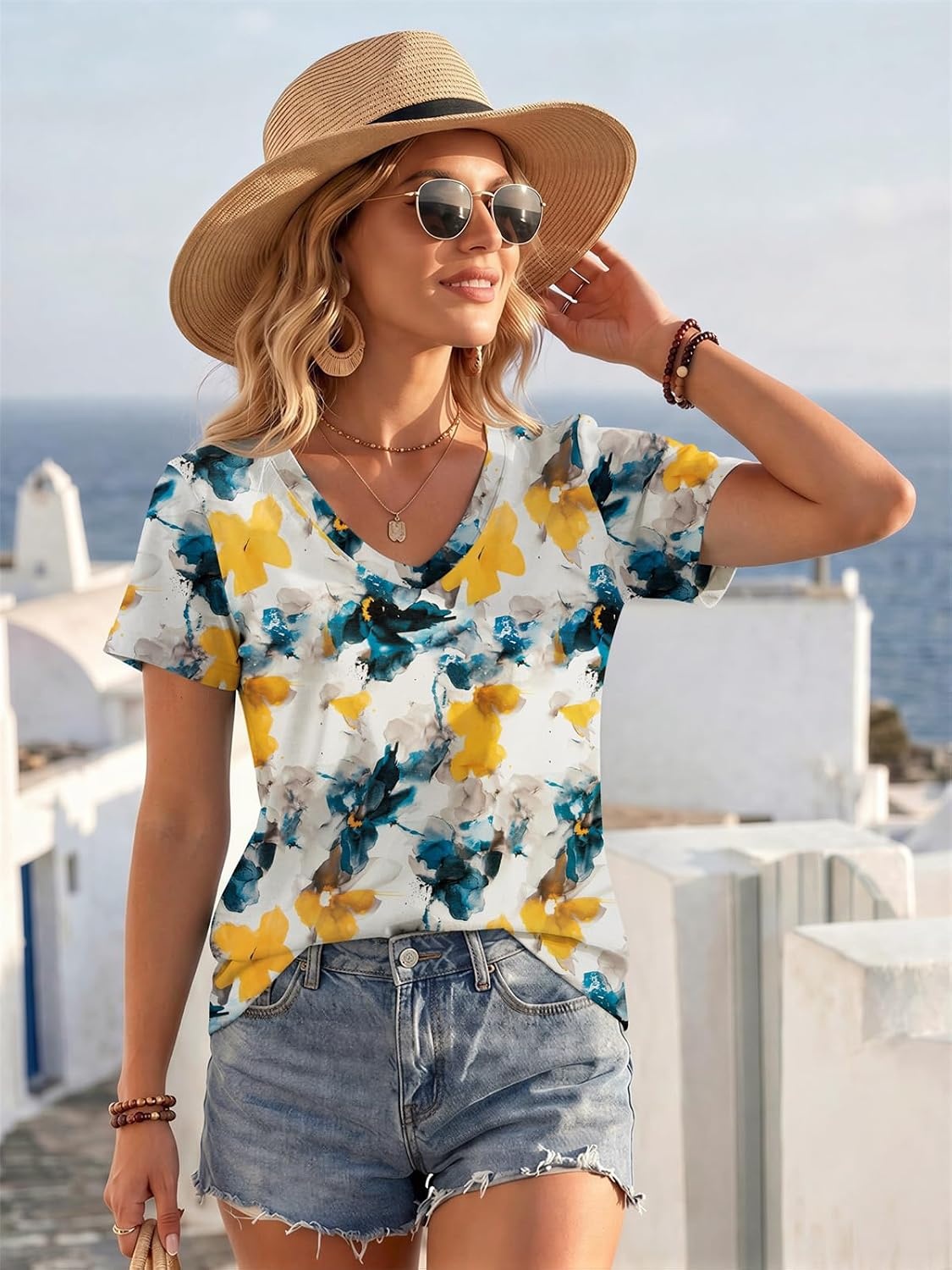 image:imageATHMILE Womens V Neck Short Sleeve Summer T Shirts Curved Hem Plain Top Lightweight Breathable Casual Spring Summer TeeMulti Teal